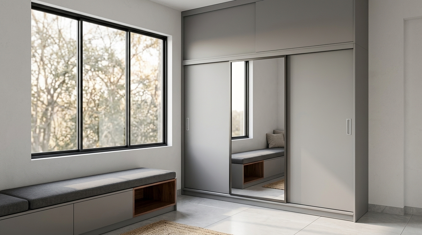 A photorealistic wide-angle interior photograph of this modern minimalist bedroom, preserving the exact high-angle perspective and geometry. Soft, warm daylight evenly illuminates the space, casting subtle ambient shadows. The large built-in closet features realistic matte grey laminate textures with a clean, reflective glass mirror on the center sliding door showing accurate room reflections. Positioned neatly on the low base unit is a fitted mattress cushion with neutral linen upholstery and subtle fabric creasing, while the cabinet below displays realistic wood grain and matte panel finishes. The surrounding walls have a delicate matte plaster micro-texture, captured with natural exposure, accurate material physics, and subtle photographic depth.