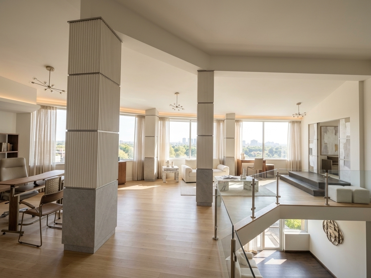 An incredibly lifelike, richly detailed, photorealistic wide-angle architectural shot of a reimagined open-concept living room set in a luxurious, light-filled contemporary penthouse. The scene is illuminated by gentle, diffused morning sunlight streaming through sheer champagne linen draperies and soft ambient cove lighting, creating a serene, sophisticated, and airy atmosphere. Captured with a Hasselblad H6D-100c and a 24mm tilt-shift lens, emphasizing the fine veining of polished stone surfaces, the tactile weave of tailored upholstery, and the sleek finish of brushed champagne metal accents. The once-dated, segmented black columns are transformed into elegant architectural pillars clad in warm pearl-toned fluted plaster and soft gray stone. In the central seating area, a low-slung, tailored curved sofa in textured ivory boucle pairs with a sleek Calacatta marble coffee table, upon which rests an open luxury photography book and curated minimalist ceramics. A statement sculptural chandelier floats from the angled ceiling, while large-scale, understated abstract canvas art in tones of warm white, champagne, and muted gray adorns the walls, creating a clean-lined, flawlessly balanced haven of contemporary elegance.