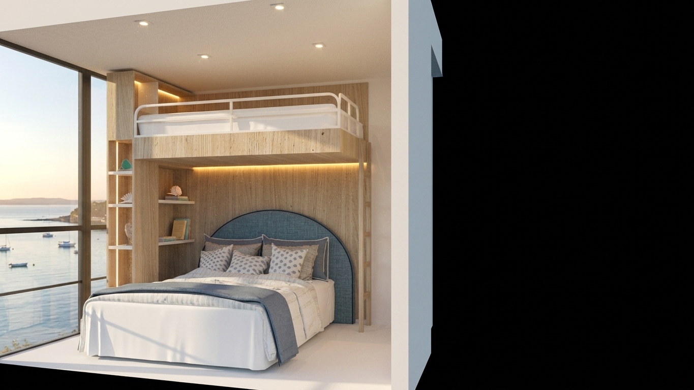 A crisp, photorealistic architectural photo of a modern coastal bedroom, maintaining the exact layout, geometry, and camera perspective. The custom bunk and wall cladding feature light, bleached natural oak with visible realistic wood grain. The arched headboard is upholstered in soft sky-blue linen fabric, complementing the neatly dressed bed layered with soft cotton linens and coastal-toned accent pillows. Subtle decorative beachside decor items, such as ceramic vases and small books, naturally rest within the integrated shelf niches. Warm, soft LED strip illumination softly highlights the shelving and underside of the loft bed, while bright, diffused coastal daylight floods through the adjacent glass window. Captured with a professional 35mm interior lens, showcasing authentic fabric folds, subtle surface micro-textures, balanced natural shadows, and a clean, airy beachside atmosphere.