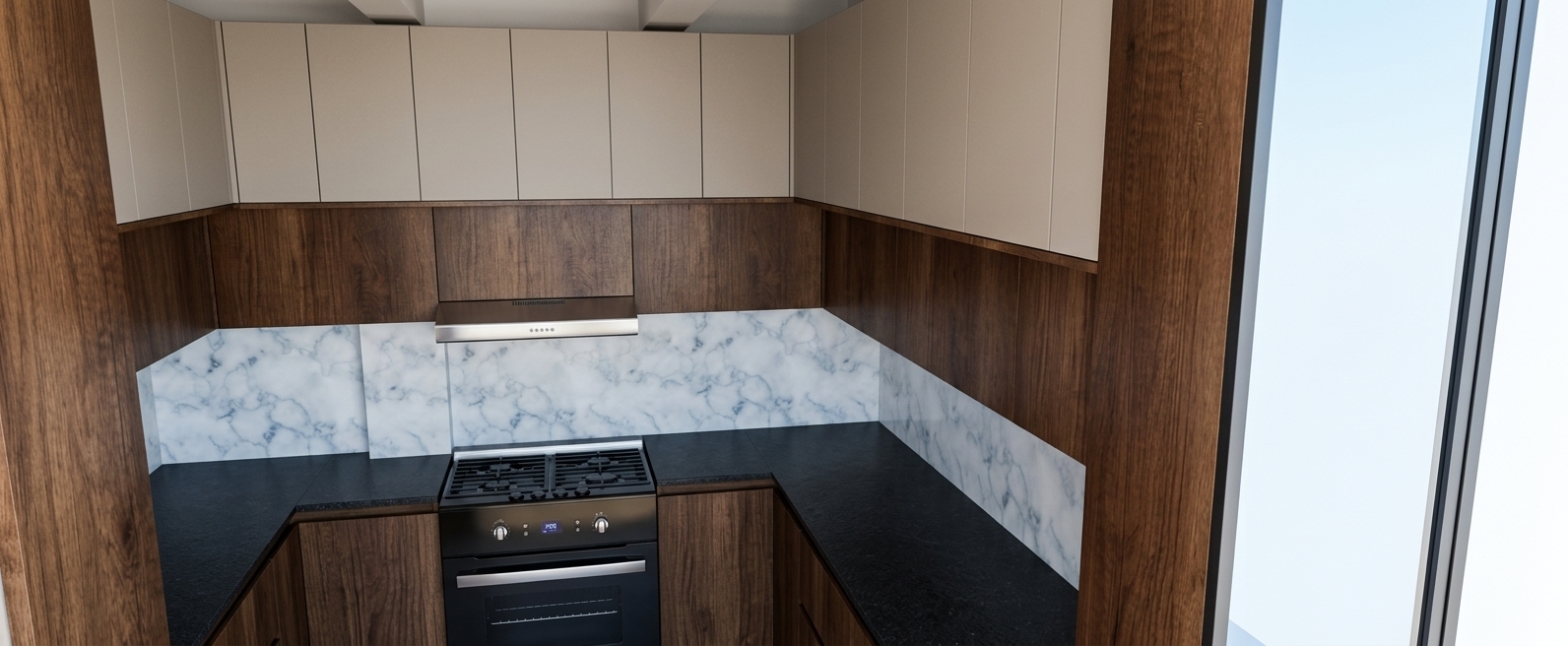 A crisp architectural photograph of this kitchen scene bathed in clear, bright spring midday sunlight entering from the large window on the right. Natural, neutral daylight illuminates the warm wood grain, honed white marble backsplash, and smooth matte beige cabinetry with soft shadows and realistic ambient occlusion. The dark countertops exhibit a subtle textured finish, while the stainless steel range hood and glass oven door catch soft, authentic daylight reflections, captured through a sharp wide-angle lens with subtle exposure balance and fine photographic depth.
