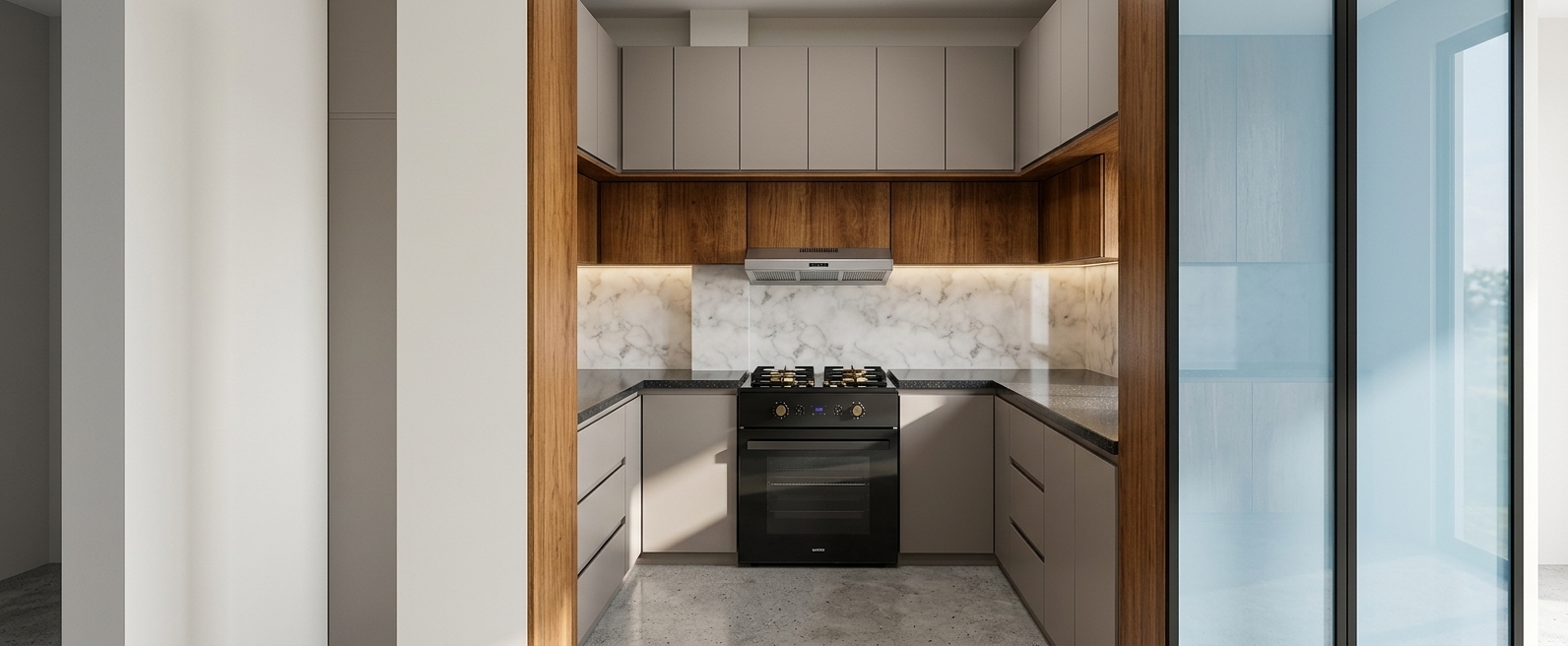 A crisp architectural photograph capturing the exact U-shaped kitchen layout under bright, natural midday spring light. The scene is illuminated by crisp daylight balanced with warm ambient under-cabinet glow, highlighting the authentic textures of the matte taupe cabinetry, rich wood grain accents, and polished marble backsplash. Surfaces display subtle, realistic micro-textures, including soft reflections on the black glass oven door, textured dark countertops, and semi-gloss tall glass panels, all rendered with clean depth of field and realistic architectural lighting.