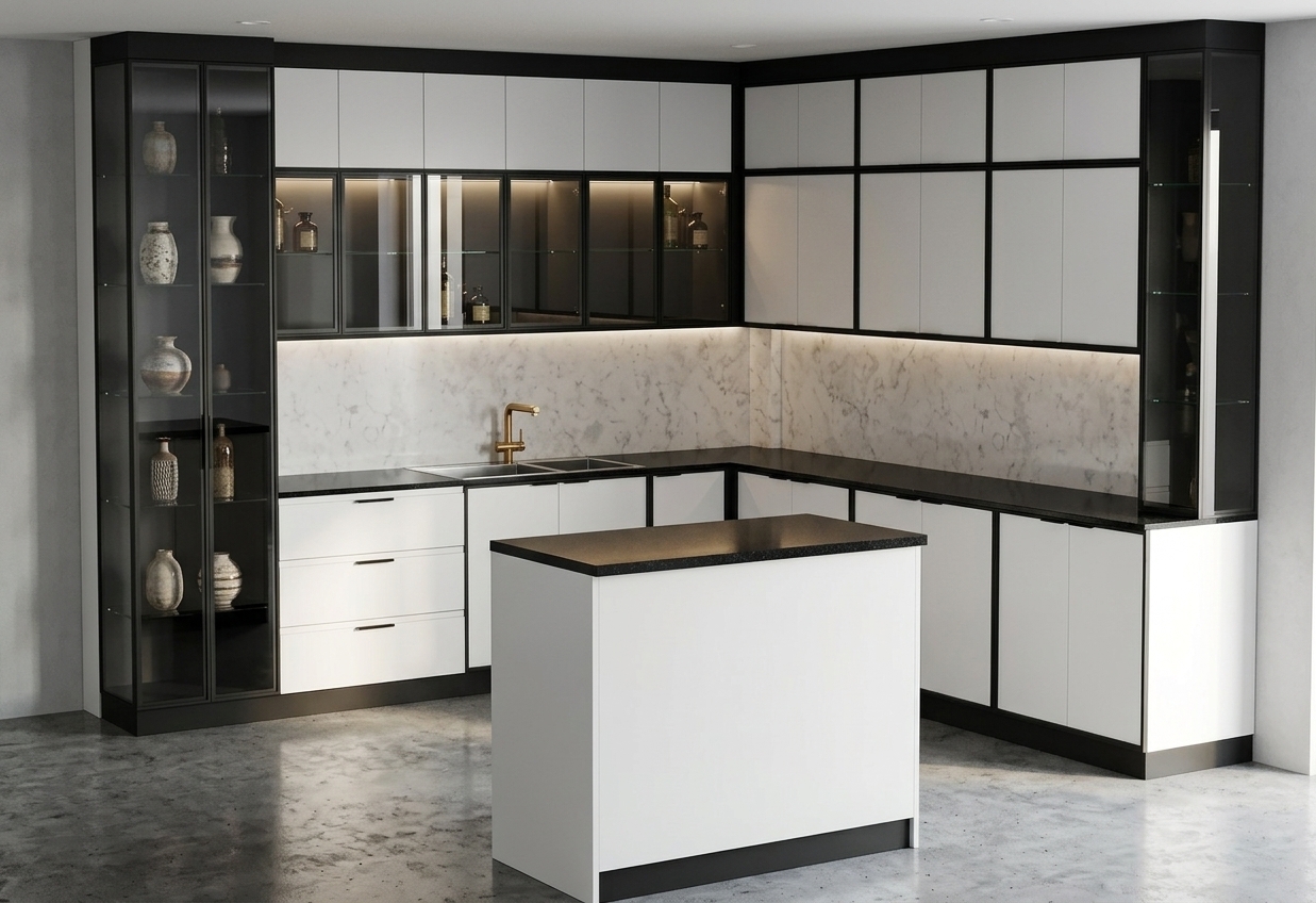 The photo captures a striking kitchen design with a clear mid-century modern influence, characterized by its clean lines, functional layout, and sophisticated two-toned palette. The kitchen is arranged in an L-shape along two walls, featuring a blend of upper and lower cabinetry, and anchored by a central kitchen island. A dominant feature is the interplay of matte white cabinet fronts and sleek black framing, which defines the boundaries of each unit, creating a graphic, modular feel. Tall, vertical display cabinets with a subtle blue tint to their glass fronts flank the L-shaped run, offering a glimpse of minimalist items within their multiple shelves. The upper cabinets above the main countertop are a mix of solid white doors and smaller glass-fronted units, also framed in black. Below, the dark countertops provide a bold contrast to the lighter beige backsplash, which exhibits delicate, natural-looking veining, suggesting a luxurious marble or quartz. A stylish, bronze-finished gooseneck faucet stands out against this elegant backdrop, centered over a clean, dark sink. The base cabinets are predominantly matte white, fitted with integrated handles or a push-to-open mechanism, maintaining the seamless look. The freestanding kitchen island echoes the main cabinetry, with a dark base and top, and a clean white panel forming its visible front. The light gray floor and plain white walls recede, allowing the architectural elements of the kitchen to command attention in this functional, brightly illuminated space.