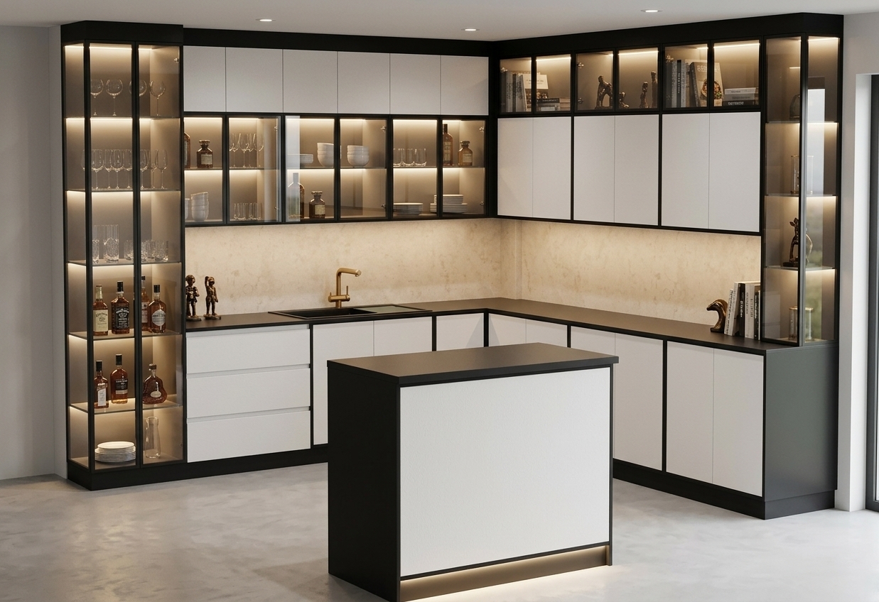 Architectural interior photograph of the exact kitchen scene, showcasing embedded warm LED strip lighting cleanly illuminating the interiors of the tall glass display units and upper glass cabinets. Realistic material finishes include smooth matte white cabinet panels, sleek black metal frames, realistic tinted glass with soft internal refractions and shelf highlights, a brushed brass faucet, and subtle texture across the light stone backsplash. Shot with a crisp wide-angle lens, featuring balanced ambient room light, soft contact shadows, and natural photographic depth.