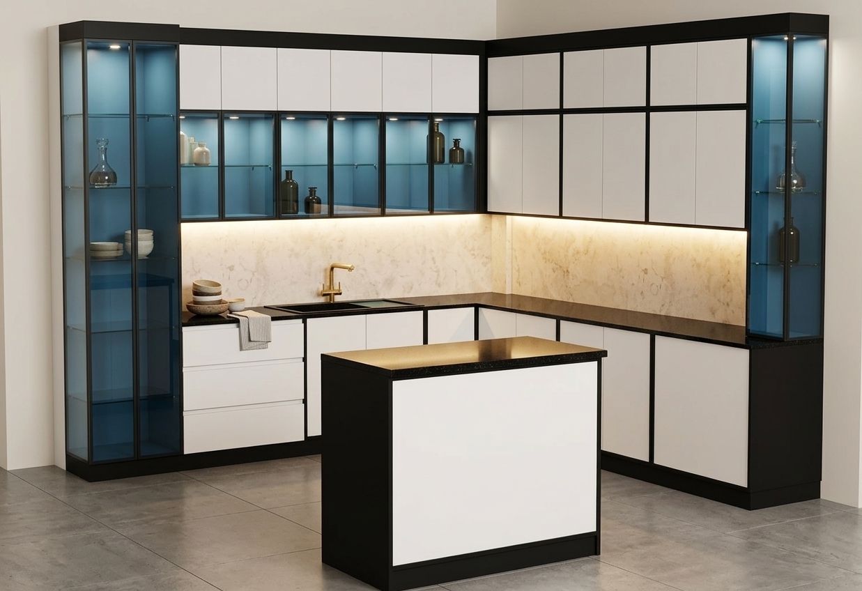 A crisp architectural photograph capturing the exact modern kitchen layout, enhanced with warm integrated LED strip lighting glowing beneath the upper cabinets onto the stone backsplash and softly illuminating the interiors of the glass display units. The scene features realistic physical materials, including matte white cabinetry with sharp black framing, polished black quartz countertops showing subtle surface reflections, genuine blue-tinted glass panels, and a brushed brass faucet. Ambient interior lighting balances the warm LEDs, creating soft contact shadows, natural depth, and a clean photographic finish with faint grain and true-to-life reflections.