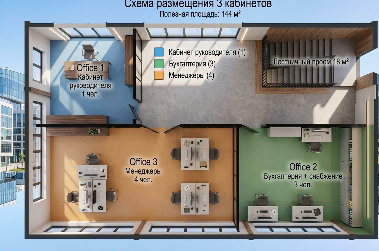 An incredibly lifelike, richly detailed, photorealistic top-down architectural cutaway view of a sophisticated 144-square-meter contemporary corporate office interior set in a modern urban commercial building. The scene is illuminated by bright, soft natural daylight flooding through large perimeter windows, paired with warm ambient recessed LED linear lighting that casts subtle, realistic soft shadows, creating an open, professional, and elegant atmosphere. Captured with a high-resolution architectural camera using a sharp wide-angle lens, emphasizing the rich textures of seamless polished concrete flooring in the generous 58 m² transit and stairwell areas, paired with warm wood finishes and sleek matte-black aluminum glass partitions. The layout clearly presents the private 20 m² executive office furnished with premium walnut accents, the spacious 36 m² managers' department fitted with four ergonomic minimalist workstations, and the organized 30 m² accounting and procurement suite arranged with three tidy contemporary desks and integrated storage solutions, radiating refined corporate elegance.