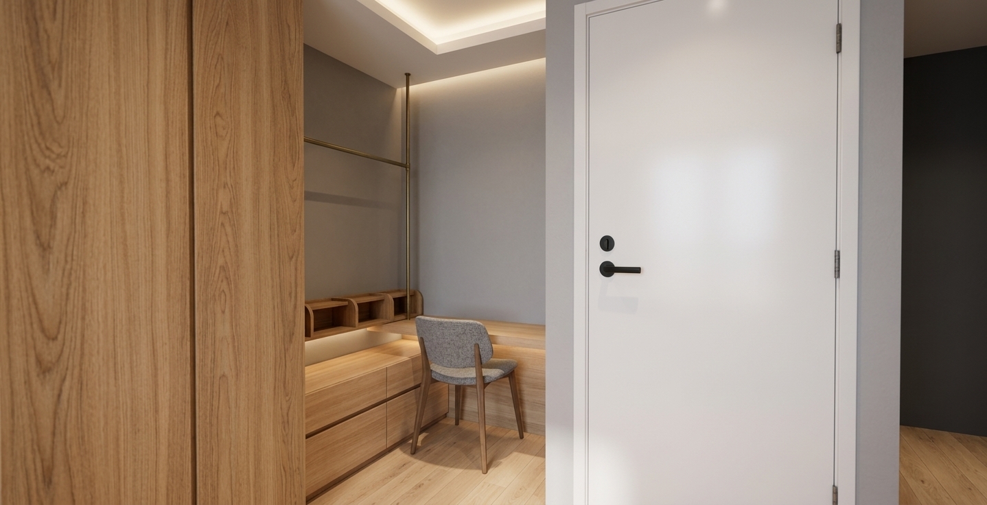 A clean, eye-level interior photograph capturing the exact room composition, framed between a wood-paneled partition on the left and an open white door on the right. The dark flooring is replaced with light-toned natural oak wood planks featuring subtle grain textures. Soft, diffused warm ambient lighting illuminates the study nook, highlighting the matte white walls, light wood drawers, suspended brass metal rod, and modern upholstered desk chair. Rendered with realistic light falloff, gentle shadow gradients, fine surface textures, and crisp architectural photography focus.