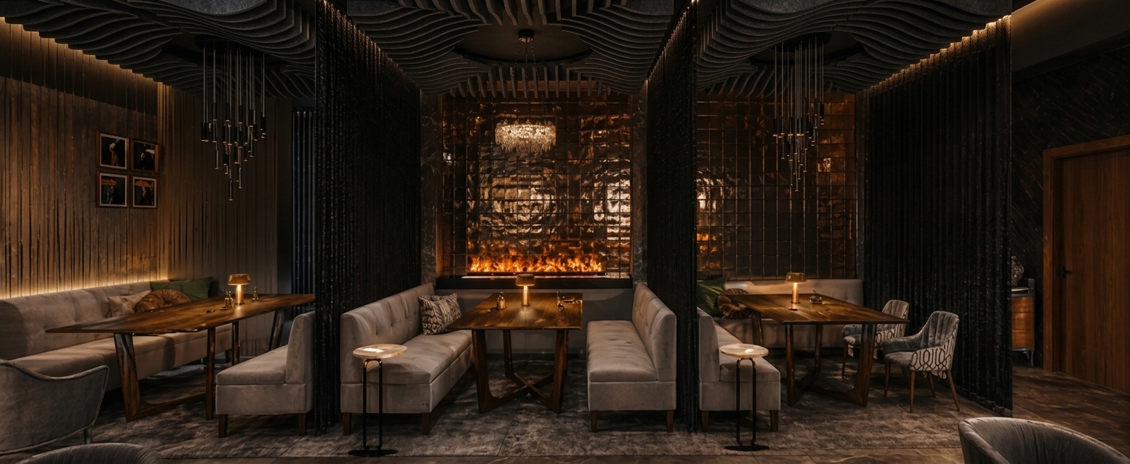 A photorealistic wide-angle interior photograph preserving the exact layout, geometry, and dark moody atmosphere of the luxurious dining lounge. The ceiling features integrated black acoustic baffles with undulating, wave-like edges hanging vertically between the existing modern chandeliers. The plush velvet banquettes, rich natural wood grain on the tables, and reflective metallic wall behind the glowing linear fireplace are rendered with authentic tactile textures, soft ambient falloff, and realistic specular highlights. Warm 2700K lighting from tabletop lamps and ceiling fixtures casts subtle shadow gradients across the textured rug and tile floor, enhanced with delicate natural lens vignetting, organic surface imperfections, and mild film grain.