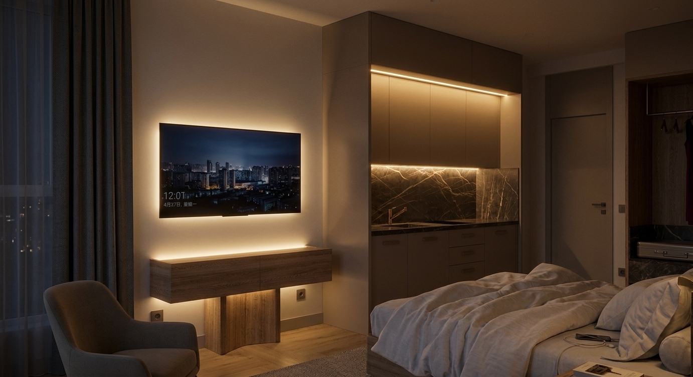 A photorealistic nighttime photograph of the exact modern studio bedroom on a warm summer evening. The scene is illuminated by soft, warm interior accent lighting, prominently from the concealed LED strip highlighting the dark veined marble backsplash, while the window area remains subdued in dark nocturnal tones. Subtle ambient light and the gentle glow of the wall-mounted screen softly reveal the realistic textures of the rumpled bed linens, matte cabinetry, and light wood console. The photograph captures natural dynamic range, soft shadows, micro-surface imperfections, and faint high-ISO grain, faithfully preserving the exact layout, camera perspective, and geometry.