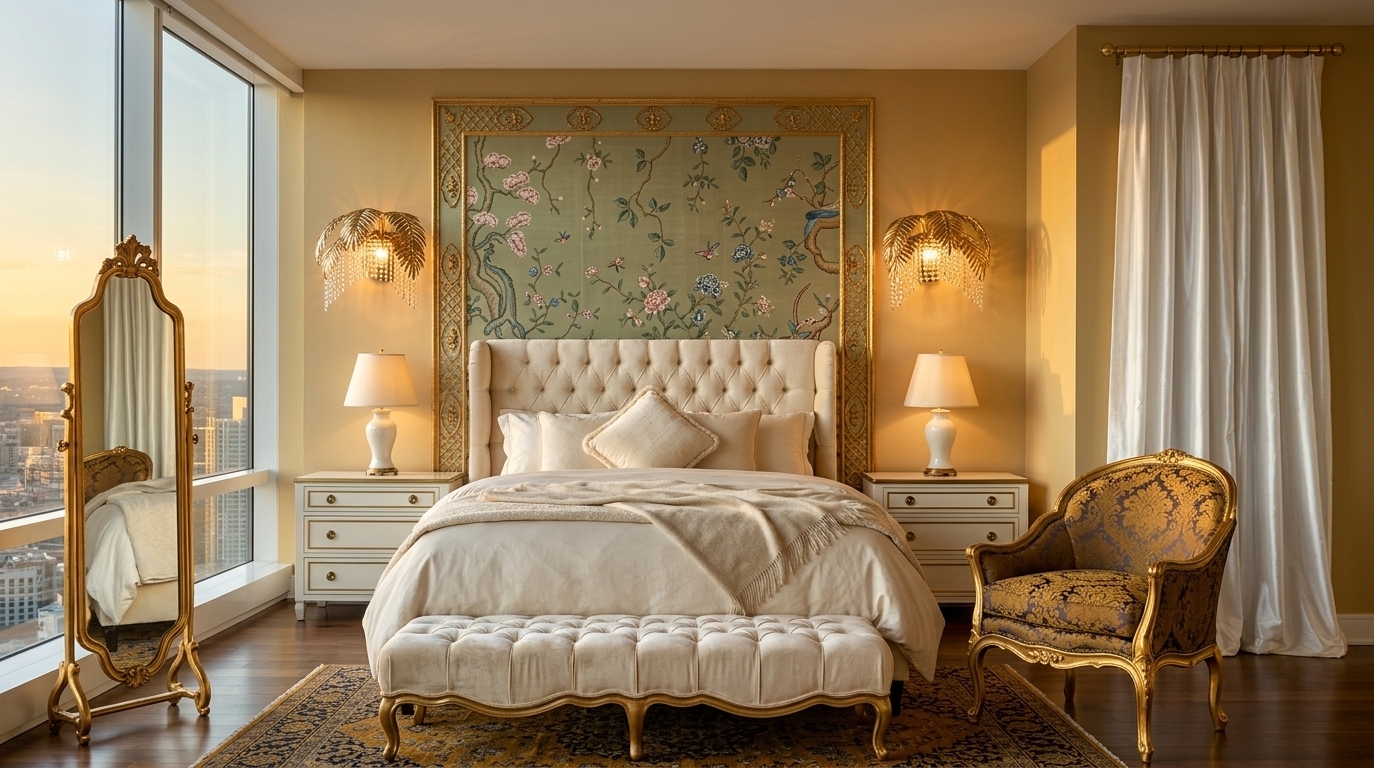 An incredibly lifelike, richly detailed, photorealistic wide-angle interior photograph of an opulent Art Deco glamour bedroom set in a luxury high-floor penthouse. The scene is illuminated by warm, golden-hour sunlight pouring through a sweeping panoramic floor-to-ceiling window on the left, complemented by the ambient golden glow of crystal-fringed palm wall sconces and classic porcelain bedside lamps, creating a dreamy, sophisticated, and tranquil atmosphere. Captured with a professional full-frame camera and a 24mm tilt-shift architectural lens, emphasizing the plush textures of tufted velvet upholstery, intricate Chinoiserie silk wall panels, and polished gilded finishes.

The space is arranged with elegant symmetry and straight architectural alignment: centered against a warm ochre sunset-painted accent wall is a plush, deeply tufted cream king bed crowned with an ornate oriental floral mural framed in classical mouldings. At the foot of the bed sits a tailored, button-tufted cabriole bench resting atop an antique ochre-and-indigo silk area rug. Flanking the bed are matching white lacquered drawer chests, while the expansive window on the left reveals sweeping city sunset views next to a tall, freestanding antique gilded mirror. To the right, floor-to-ceiling cascading white silk draperies frame an exquisite gold-leaf rococo armchair, completing a perfectly balanced and timelessly glamorous sanctuary.