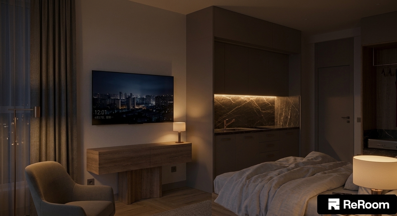 A high-end architectural night photograph capturing the exact room layout and materials, with the LED backlighting behind the wall-mounted television turned completely off. The television screen gently glows with subtle ambient reflection from the cityscape displayed on it. Warm, low-key lighting emanates from the recessed under-cabinet strips and beneath the wooden console, casting soft shadows across the dark marble backsplash, matte cabinetry, and textured unmade bed linens. Shot on a wide-angle lens with a balanced high-ISO exposure, featuring authentic photographic grain, realistic depth of field, natural falloff, and subtle lens vignetting.