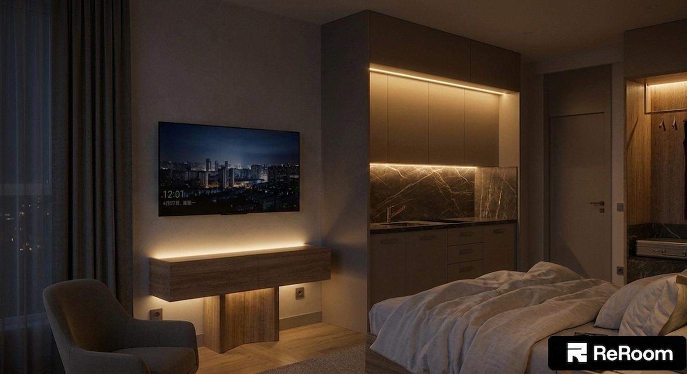 A photorealistic interior photograph preserving the exact composition and materials of the room, with the LED backlighting behind the wall-mounted television turned completely off to create soft, natural shadows on the wall behind the screen. The warm cove and under-cabinet lighting in the kitchenette and the warm strip light above the floating wooden console remain illuminated, highlighting the marble backsplash and wood textures. The scene features authentic low-light photographic rendering, tactile fabric details on the bed, subtle film grain, and natural exposure balance without altering the furniture layout or perspective.
