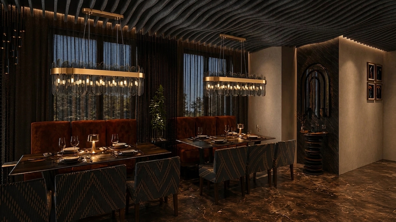 A photorealistic architectural photograph of the luxurious dining scene, maintaining the exact layout, dark moody atmosphere, and camera perspective. The dark ceiling integrates suspended black wavy acoustic baffle panels made of sound-absorbing material. Warm, intimate lighting radiates from the brass chandeliers, concealed cove fixtures, and cordless table lamps, casting soft specular highlights across polished dark marble floors, set glassware, and deep rust velvet booths. Shot on a 35mm lens at f/5.6, the image exhibits natural optical depth, crisp micro-textures on fabrics and stone, subtle lens falloff, and delicate film grain for authentic realism.