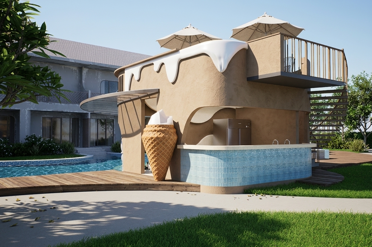 A crisp, realistic photograph captured on a bright summer midday under direct, high-angle sunlight. The outdoor ice cream bar kiosk features authentic material textures, including smooth painted stucco, glossy ceramic blue mosaic tiles catching direct sun, a realistic textured waffle-cone column, and weathered wooden decking. The adjacent swimming pool shows subtle surface ripples with sparkling water caustics and natural sky reflections. Harsh, realistic midday shadows cast across the concrete pathway and manicured lawn from the building and overhead umbrellas. Natural lens characteristics, including balanced dynamic range, rich color saturation, faint chromatic aberration at high-contrast edges, and subtle depth of field shot on a 35mm lens, produce a genuine architectural photograph.