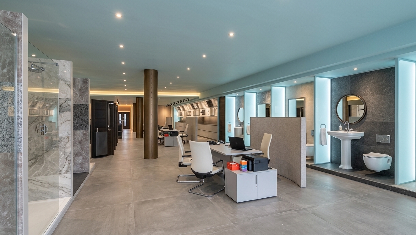 An eye-level interior photograph shot on a 50mm lens, capturing the precise showroom layout illuminated by soft street daylight from behind and warm recessed ceiling spotlights. The flat white gypsum ceiling contrasts with the matte bronze cylindrical columns and large light beige semi-matte ceramic floor tiles with fine grout lines and soft diffuse reflections. The sanitary displays feature realistic glossy porcelain, polished chrome hardware, authentic wall finishes, and clear glass, while the office desks show realistic matte textures and equipment. The image exhibits balanced photographic exposure, natural depth of field, gentle ambient occlusion, and subtle surface micro-textures throughout.
