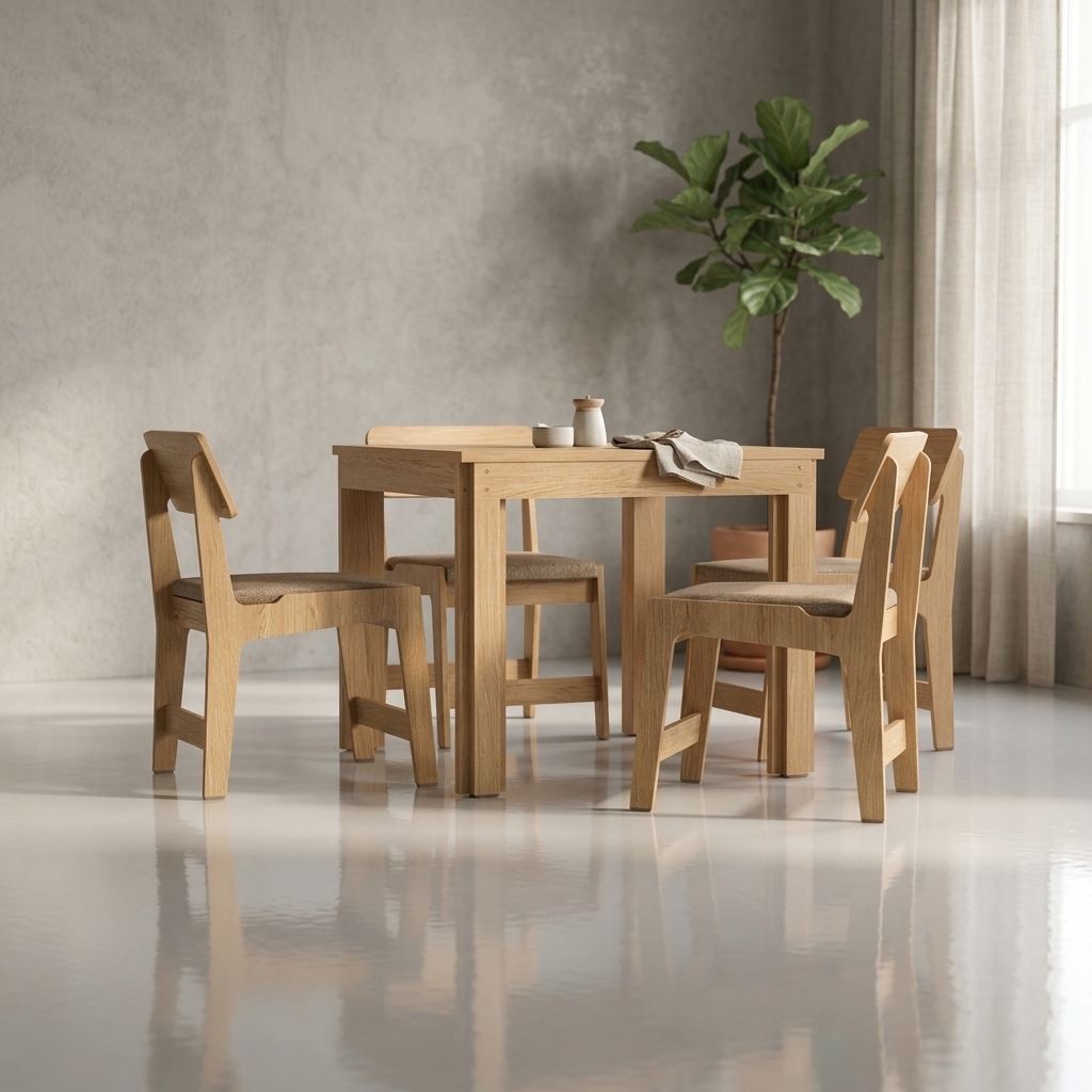 A crisp commercial photograph of the light oak dining table and four chairs with textured beige fabric cushions, preserving the exact layout, geometry, and perspective in a bright, modern minimalist interior. Soft daylight filters in alongside warm ambient lighting, accentuating authentic wood grain details and soft tactile fabric fibers. The polished floor exhibits natural contact shadows and faint reflections, framed against a softly out-of-focus background with subtle minimalist wall decor and indoor plant accents, captured with a 50mm lens, natural depth of field, and fine photographic grain.