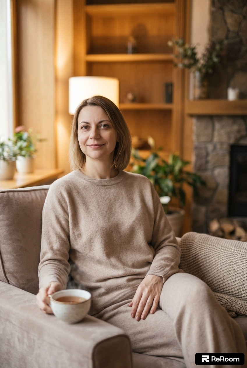 A portrait of the same woman with short light-brown hair in a relaxing setting. Depict her in a serene, peaceful environment like a spa, cozy lounge, or calm nature scene. She wears comfortable, soft loungewear with a serene, relaxed expression, surrounded by soft warm ambient lighting and a soothing atmosphere.