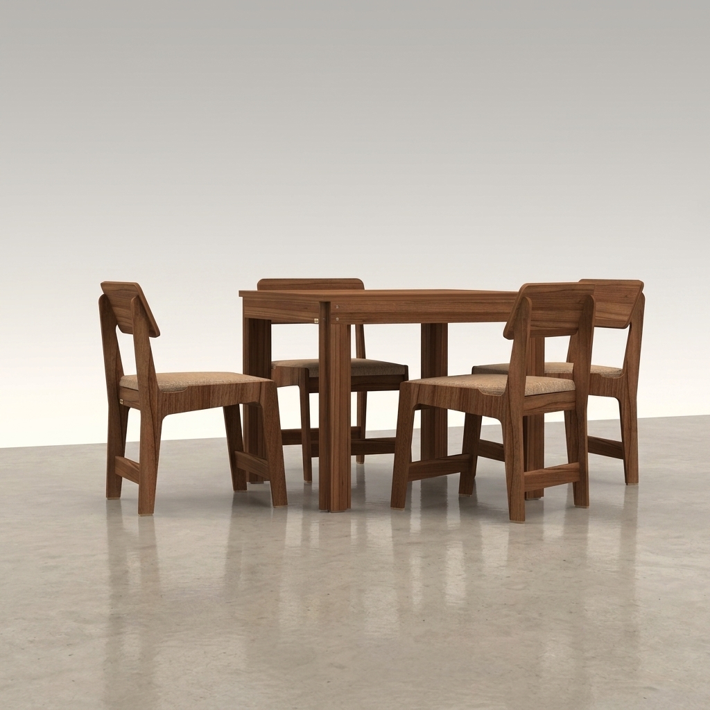 A photorealistic interior photograph capturing the exact wooden dining set with beige fabric cushions, preserving its geometry, scale, and camera perspective within a bright, minimalist modern dining room. The set rests naturally on a neutral, low-pile modern area rug, subtly framed by a softly out-of-focus background featuring tasteful minimalist wall art and lush indoor greenery. Warm, diffused natural daylight streams in from the side, producing authentic soft contact shadows and realistic highlights across the detailed wood grain and woven seat textures. The shot is rendered with a 50mm lens perspective, balanced natural exposure, subtle depth of field, and fine photographic grain for lifelike realism.