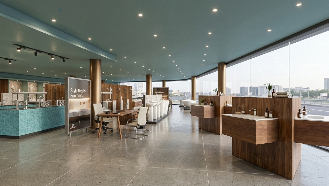 An eye-level interior photograph of this sanitary ware showroom captured with a 50mm lens, preserving the exact layout and perspective. Natural daylight streams through the right glass facade, balancing warm recessed ceiling spotlights to illuminate large 120x120cm semi-matte beige stone floor tiles, smooth bronze-finished columns, and sleek wood-paneled sink displays. High-gloss chrome faucets, polished white ceramic basins, turquoise mosaic tiles, and satin steel display fixtures exhibit realistic reflections, crisp specular highlights, soft ambient shadowing, and subtle, natural photographic surface textures.