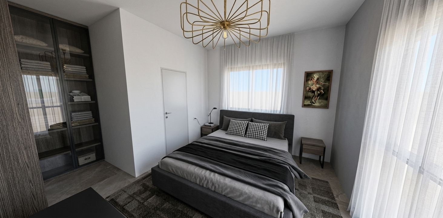 A bright architectural photograph of the modern bedroom during a clear spring midday, illuminated by soft natural daylight filtering through the sheer curtains. The scene captures authentic material textures, including the woven fabrics and natural wrinkles of the bed linens, glossy reflections across the dark wardrobe glass, the delicate metallic finish of the wire chandelier, and the subtle sheen of the flooring. Crisp, balanced daytime exposure casts gentle diffused shadows, bringing lifelike depth, natural tones, and photographic clarity to the exact interior layout.