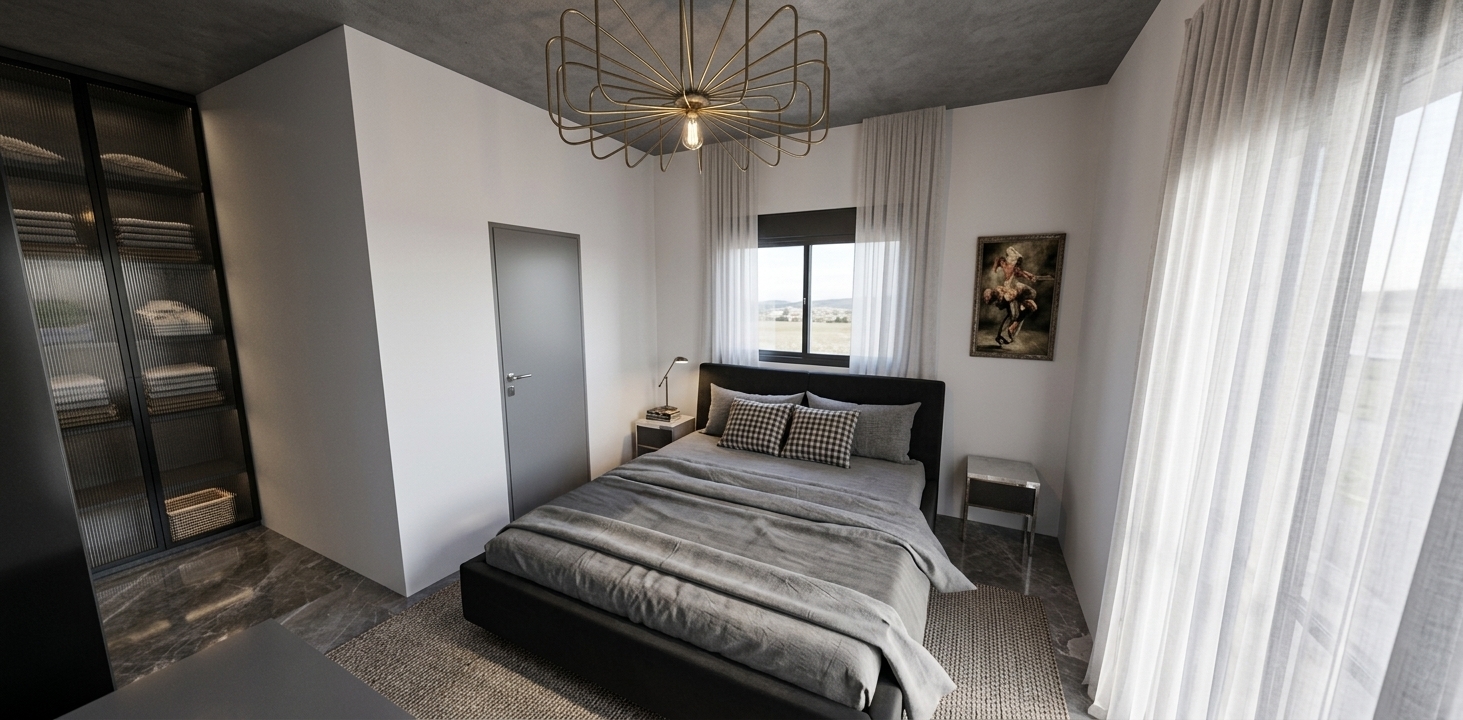 A bright, photorealistic interior photograph of the modern bedroom captured at midday in spring, faithfully preserving the exact layout, geometry, and camera angle. Soft, natural daylight diffuses through the sheer white curtains, creating balanced ambient illumination and gentle shadows across the white walls and polished floor. The bed displays realistic linen and cotton textures with natural fabric creases on the grey bedding and patterned cushions. The glass wardrobe reveals finely textured, folded garments with subtle ambient reflections, while the brass wire chandelier overhead shows an authentic metallic sheen. Photographed with a wide-angle lens, featuring clean depth of field, balanced dynamic range, and crisp, lifelike material finishes throughout.