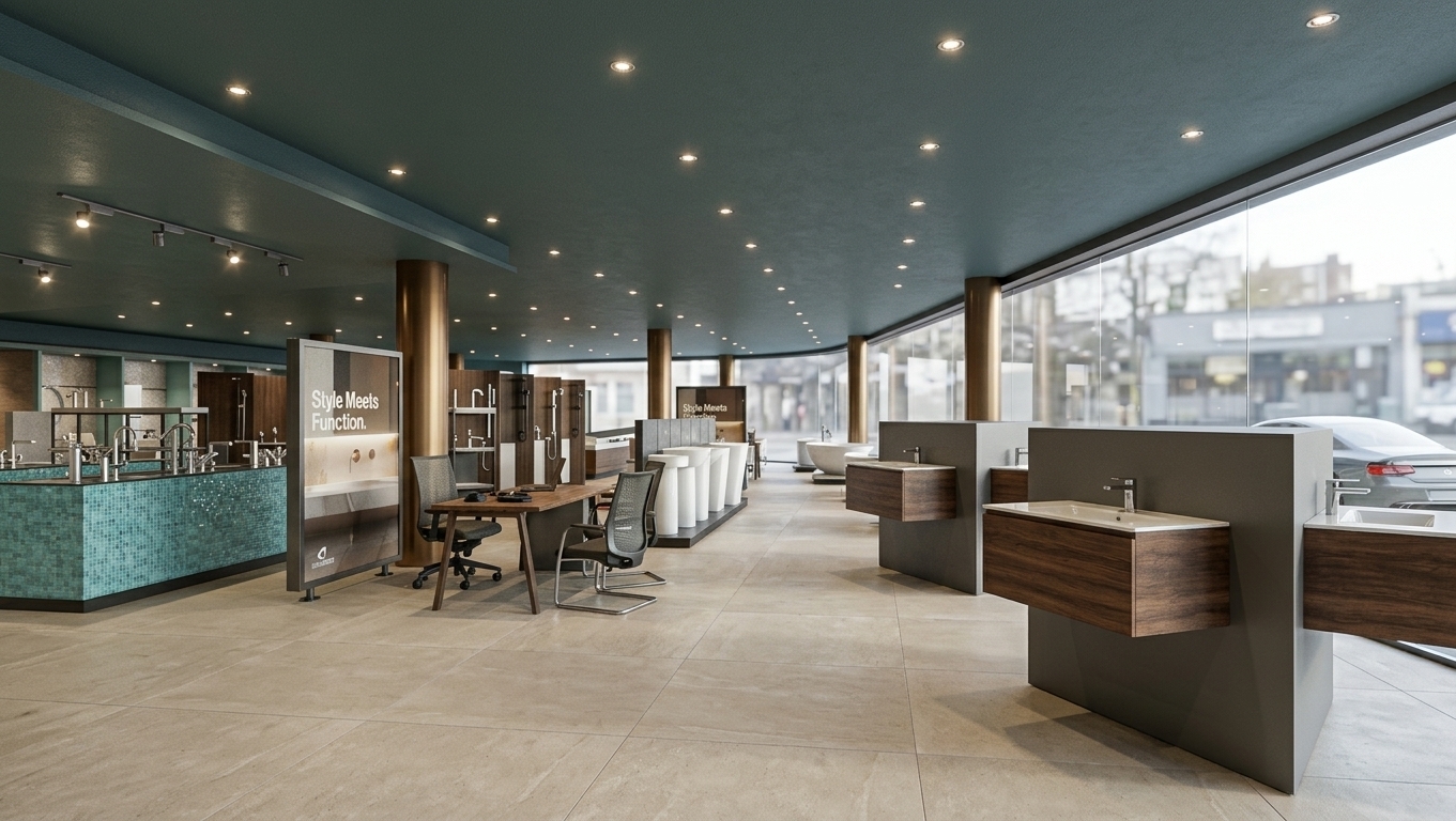 An eye-level interior photograph of the modern sanitary ware showroom, captured with a 50mm lens for a natural perspective. The floor features large 120x120cm semi-matte light beige stone ceramic tiles with soft reflections, complemented by matte bronze round structural columns and a smooth white gypsum ceiling fitted with warm recessed spotlights. Bright daylight floods in from the expansive glass facade on the right, casting soft directional shadows across the displays. Display units feature realistic finishes, including rich wood grain on the wall-mounted vanity fixtures, glossy white ceramic sinks with gleaming chrome faucets, satin dark steel shelving, and vibrant turquoise mosaic tiles on the left counter. The composition retains its exact structure while gaining photorealistic depth through micro-surface textures, natural glass reflections, and subtle photographic lens warmth.
