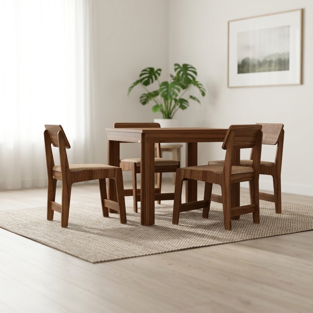 A crisp interior photograph of the exact wooden dining table and four matching chairs, faithfully preserving their placement, geometry, rich walnut grain, and textured beige upholstery. The dining set is staged on a modern woven rug in a bright, contemporary room illuminated by soft daylight from an off-camera window, casting gentle contact shadows and natural specular highlights across the wood surfaces. A tasteful indoor houseplant and minimalist framed art blend softly into the background depth of field. Captured with an eye-level 85mm lens, featuring realistic material micro-textures, balanced natural exposure, and subtle photographic grain.