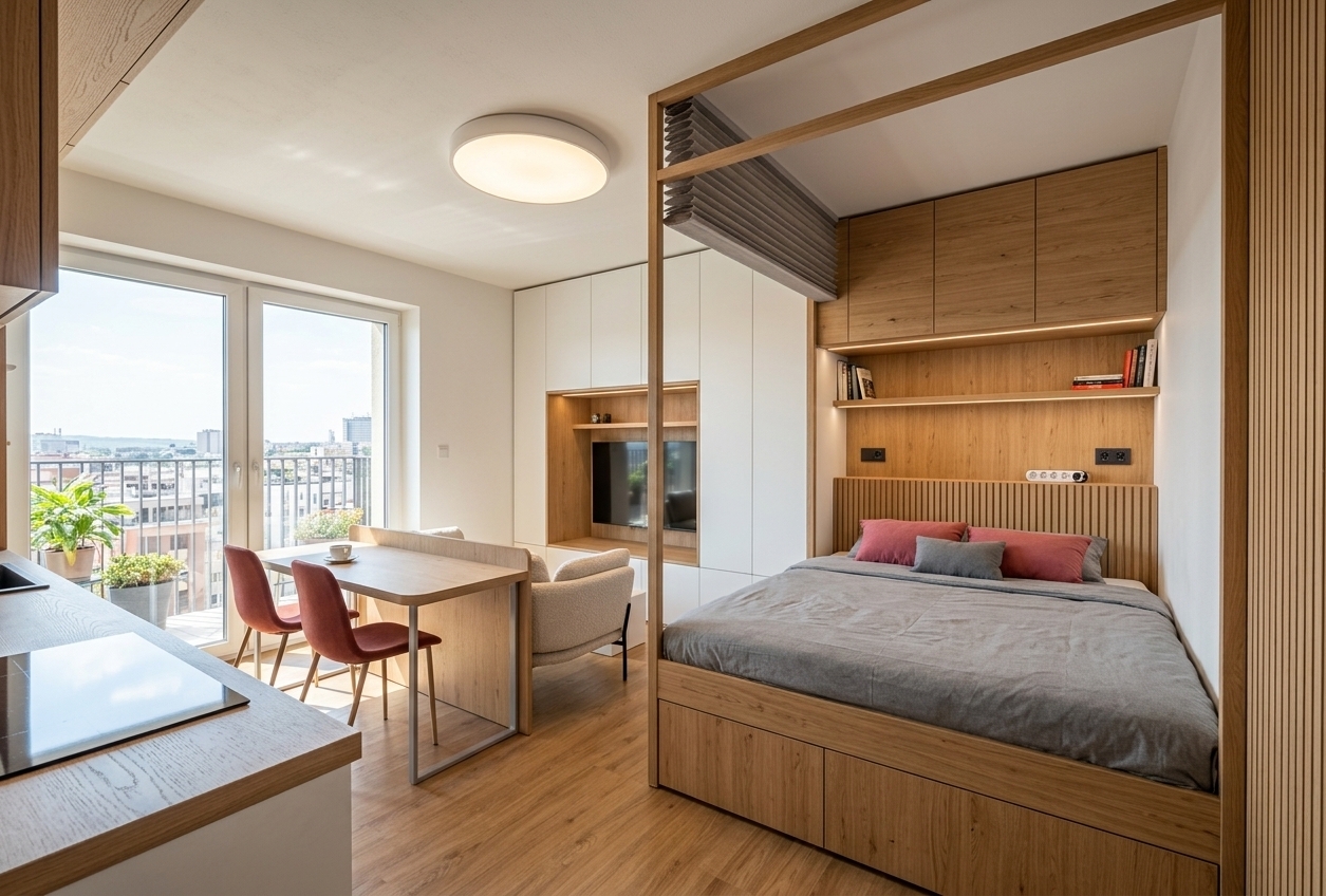 A photorealistic architectural photograph of the modern studio apartment under bright midday summer sunlight streaming through the balcony glass doors on the left. The scene features authentic surface textures, from the natural grain and satin finish of the light oak cabinetry, built-in bed platform, and dining table to the soft weave of the gray and terracotta bedding and beige armchair. Bright, warm natural daylight floods the room, creating soft interior shadows, realistic ambient light bounces across the white walls and ceiling, and subtle reflections on the induction cooktop, captured with a sharp wide-angle lens, balanced dynamic range, and gentle natural depth.