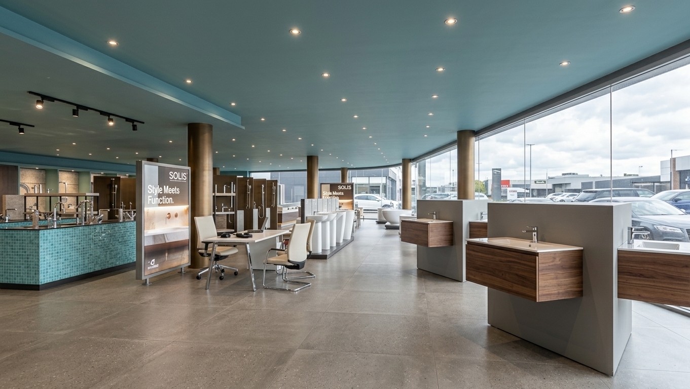 An eye-level architectural interior photograph of a modern sanitary ware showroom, captured with a 50mm lens. Crisp natural daylight pours in through the large right-side glass facade, blending with warm recessed ceiling spotlights. The space features large semi-matte beige stone floor tiles with subtle grout, matte bronze cylindrical columns, and dark grey display partitions fitted with rich warm wood vanity drawers and gleaming ceramic white basins. On the left, turquoise mosaic tiling and dark steel fixtures showcase polished chrome faucets with sharp specular highlights. Realistic materials exhibit authentic micro-textures, gentle diffuse reflections, and soft directional shadows, producing a bright and naturally lit photorealistic commercial interior.