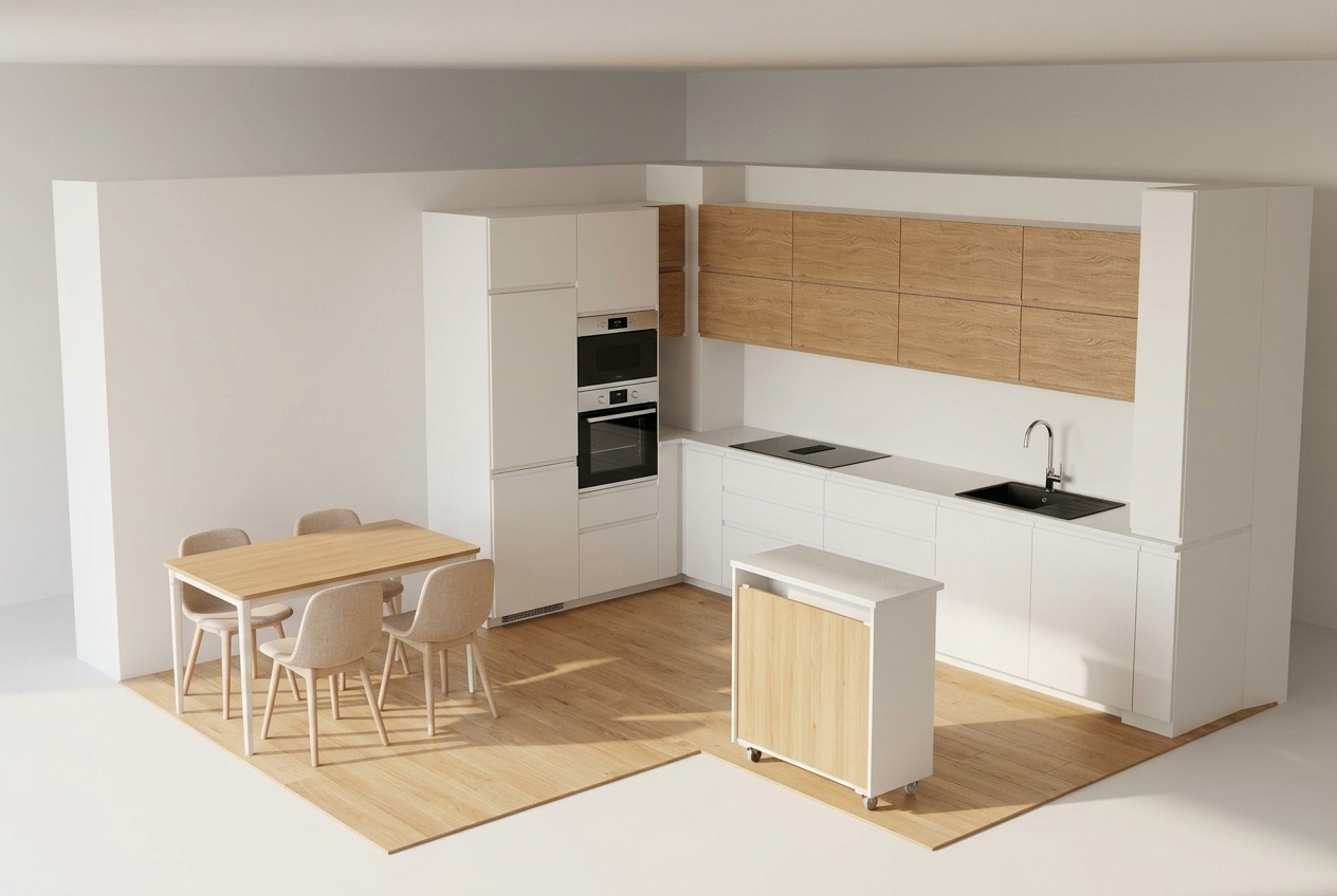 Generate a photorealistic interior render of this kitchen and dining area, preserving the exact layout, materials, and colors from the 3D model. Render realistic textures for the matte white lower and tall cabinets, light wood upper cabinets, white countertop, black sink and cooktop, and light oak wood flooring. Feature the wooden dining table with four beige chairs, the small mobile island cart, and integrated ovens. Apply natural, warm architectural lighting with soft shadows, removing all UI icons and grid lines.