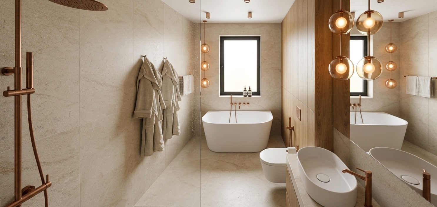 A photorealistic architectural photograph capturing the exact layout and perspective of the modern bathroom, featuring a clean matte white ceiling, soft beige stone wall and floor tiles, and warm light oak cabinetry. All plumbing fixtures, including the standing basin mixer and shower set, are crafted in textured brushed copper. Glowing amber glass sconces cast a warm tone across the walls, complemented by a subtle LED light strip tucked under the bottom edge of the large mirror. Soft white cotton bathrobes hang neatly, realistic water droplets bead on the walk-in glass divider, and bright overexposed white daylight pours through the centered window, creating balanced natural highlights and authentic material textures throughout the space.