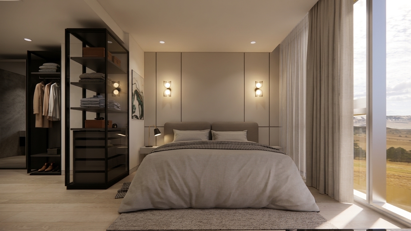A photorealistic interior photograph of the bedroom maintaining the exact geometry, layout, and composition, captured with a full-frame architectural lens. Natural daylight streams through the large floor-to-ceiling window on the right, diffusing through sheer curtains to cast soft highlights across the bed linens and floor, complemented by the warm glow of the wall sconces. The open black-framed wardrobe structure on the left is neatly populated with realistic hanging garments and folded clothes on the shelves. Realistic micro-textures are evident on the cotton duvet, textured area rug, paneled accent wall, and wood flooring, with authentic light falloff, subtle ambient shadows, and faint photographic grain.