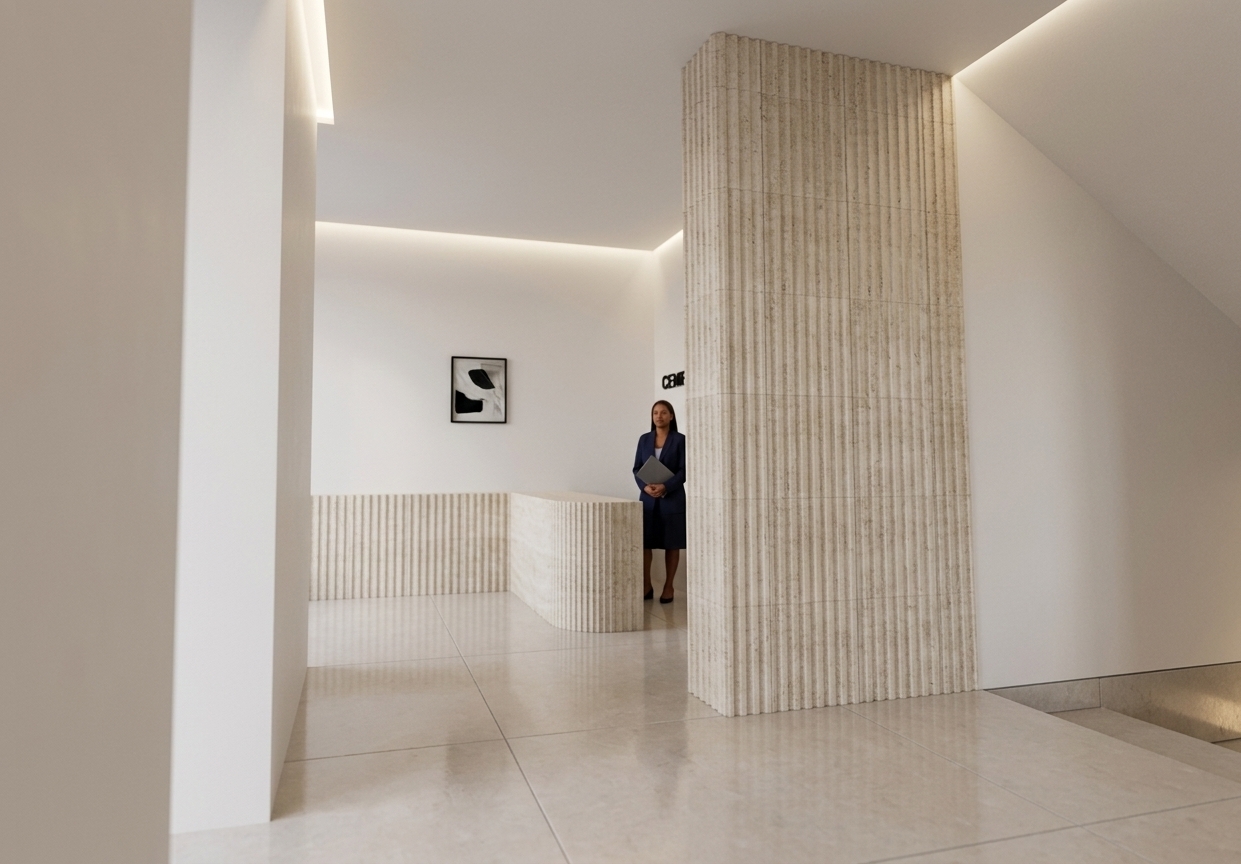 An architectural interior photograph of the modern reception hallway, maintaining the exact perspective and geometry, shot with a wide-angle tilt-shift lens under soft, warm-neutral recessed lighting. The prominent partition wall and curved reception desk feature tactile, finely fluted light natural stone with subtle vertical depth and organic mineral veining. The floor is laid with Keope Heritage Pearl porcelain tiles displaying realistic satin surface reflections and crisp grout lines, while the flat walls and ceiling are finished in smooth matte white plaster. A framed contemporary painting accents the rear frontal corridor wall behind the realistic professional receptionist, complemented by authentic ambient light diffusion, subtle contact shadows, and fine photographic grain.