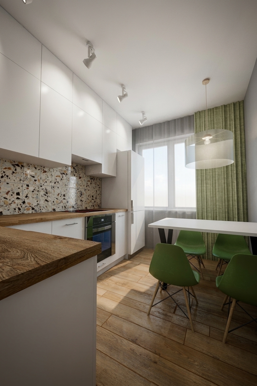 A bright architectural photograph of the kitchen and dining area illuminated by crisp midday summer sunlight through the window, balanced with the soft warm illumination from the ceiling spotlights and pendant light. The existing geometry, camera angle, and layout are preserved with photorealistic material physics, highlighting authentic wood grain along the countertops and floorboards, tactile polished aggregate in the terrazzo backsplash, matte green molded chair shells, and textured linen curtains. Captured on a wide-angle interior lens with balanced dynamic range, subtle contact shadows, realistic glass reflections, and faint natural sensor grain.
