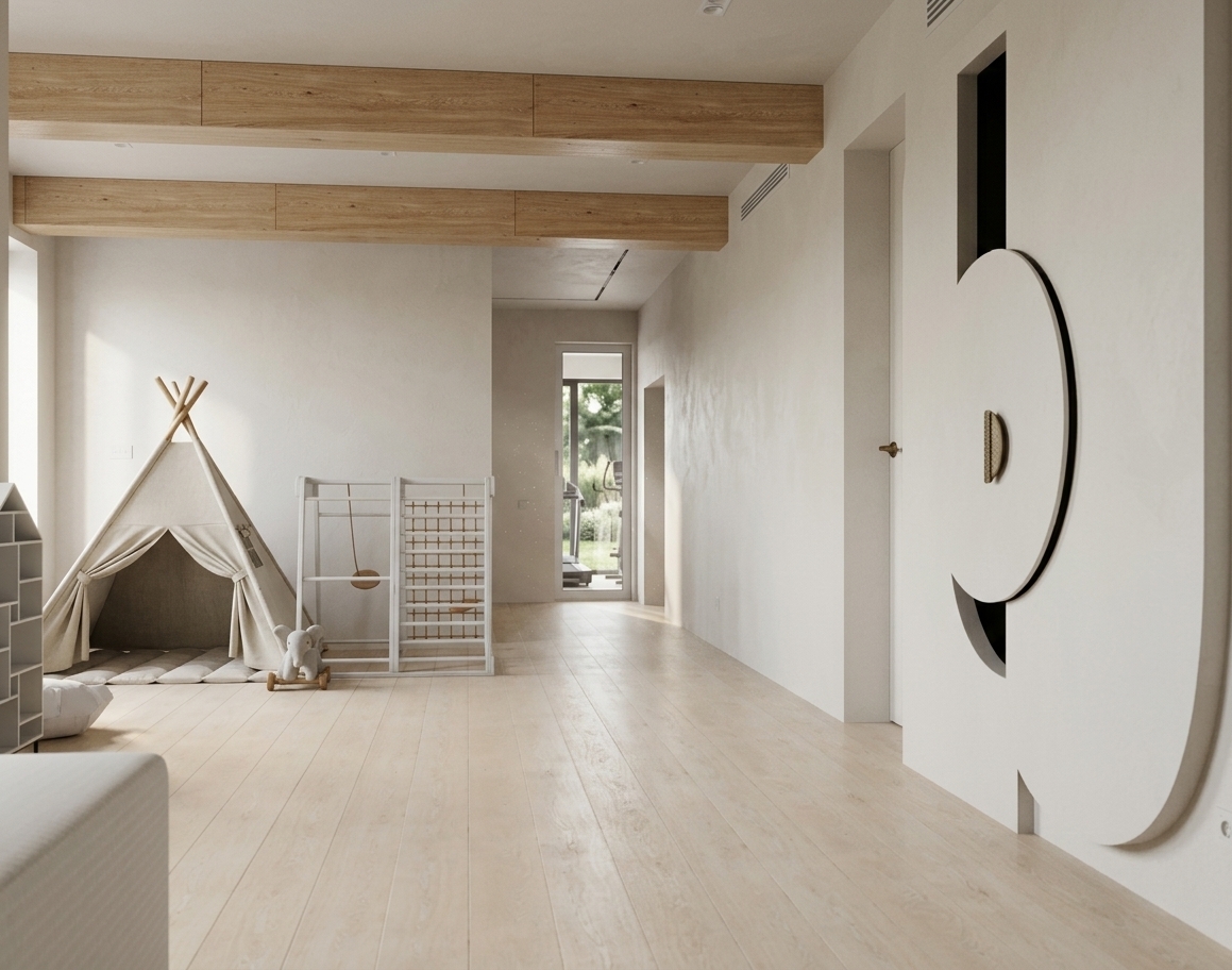 A high-resolution architectural photograph of the airy, minimalist interior illuminated by bright summer midday sunlight. Natural high-key daylight fills the room, casting soft ambient bounce and gentle contact shadows across the pale wood plank flooring and smooth, matte off-white walls. The exposed ceiling beams feature authentic light-oak grain, subtle micro-textures, and tactile depth. The children's play area showcases natural fabric textures on the teepee canvas and floor mat, alongside smooth finishes on the climbing frame and wooden accents. Captured with a sharp 24mm architectural lens, balancing highlights and shadows with a neutral daylight color temperature, clean geometry, and subtle, natural lens imperfections.