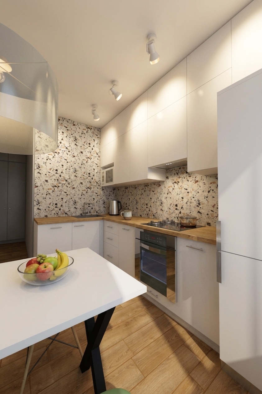 A crisp architectural photograph maintaining the exact perspective, layout, and materials of the modern kitchen, featuring matte white cabinetry, natural wood-grain countertops, light oak flooring, and realistic aggregate terrazzo backsplash. Naturally placed within the scene are a sleek modern kettle and a ceramic mug on the wooden counter, along with a fruit bowl containing fresh fruit on the foreground table. The scene is illuminated by warm, directional ceiling spotlights balanced with soft ambient light, casting authentic contact shadows and gentle specular reflections across the glossy cooktop, glass oven door, and polished tile surfaces. Subtle photographic imperfections, realistic material micro-textures, and a natural depth of field complete the authentic interior photo.