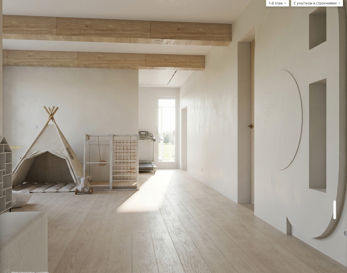 A bright, eye-level architectural photograph captured on a crisp summer midday with abundant natural sunlit illumination filling the airy room. Crisp direct and bounced daylight creates soft, authentic shadows across the light blonde wood floorboards and smooth matte off-white plaster walls. The exposed ceiling beams exhibit realistic raw oak grain and tactile micro-textures, while the canvas play tent, wooden climbing frame, and floor mats show natural fabric weave and fine material definition. The doorway in the background reveals a vivid summer blue sky with bright outdoor light bleeding gently into the interior, captured with clean optical clarity, balanced exposure, and subtle photographic grain.