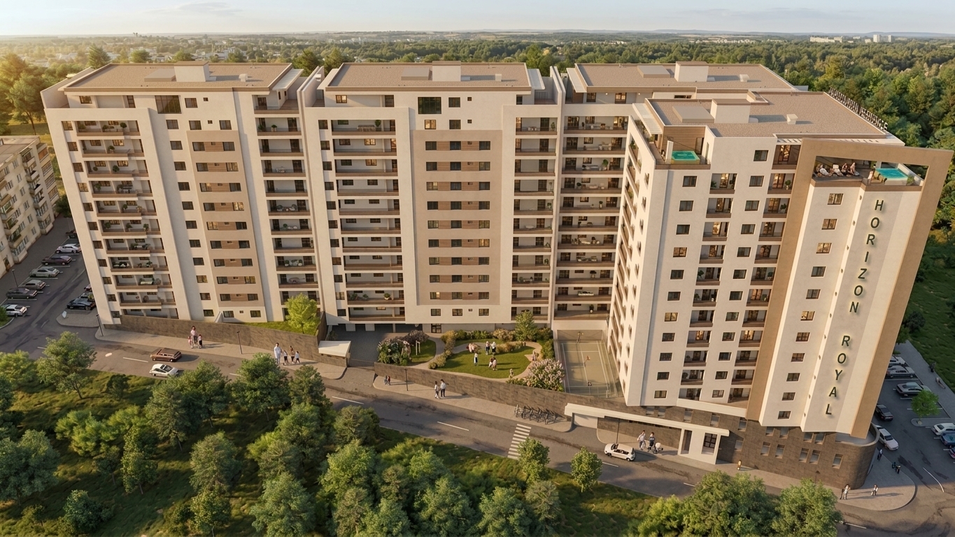 A high-end architectural photograph of the residential complex captured from an elevated perspective with a professional medium-format camera and tilt-shift lens. The scene is illuminated by clean, natural late-afternoon daylight, replacing warm yellow color casts with neutral, balanced white and beige facade tones and soft directional shadows. Facade surfaces feature subtle micro-textures on plaster and concrete, while windows display physically accurate sky and tree reflections paired with gentle, warm interior illumination. Surrounding trees and landscaping show natural organic variation, depth, and realistic contact shadows on finely textured asphalt and paving. The distant horizon carries a gentle atmospheric haze, completing a crisp, authentic luxury real estate brochure photograph with balanced dynamic range.