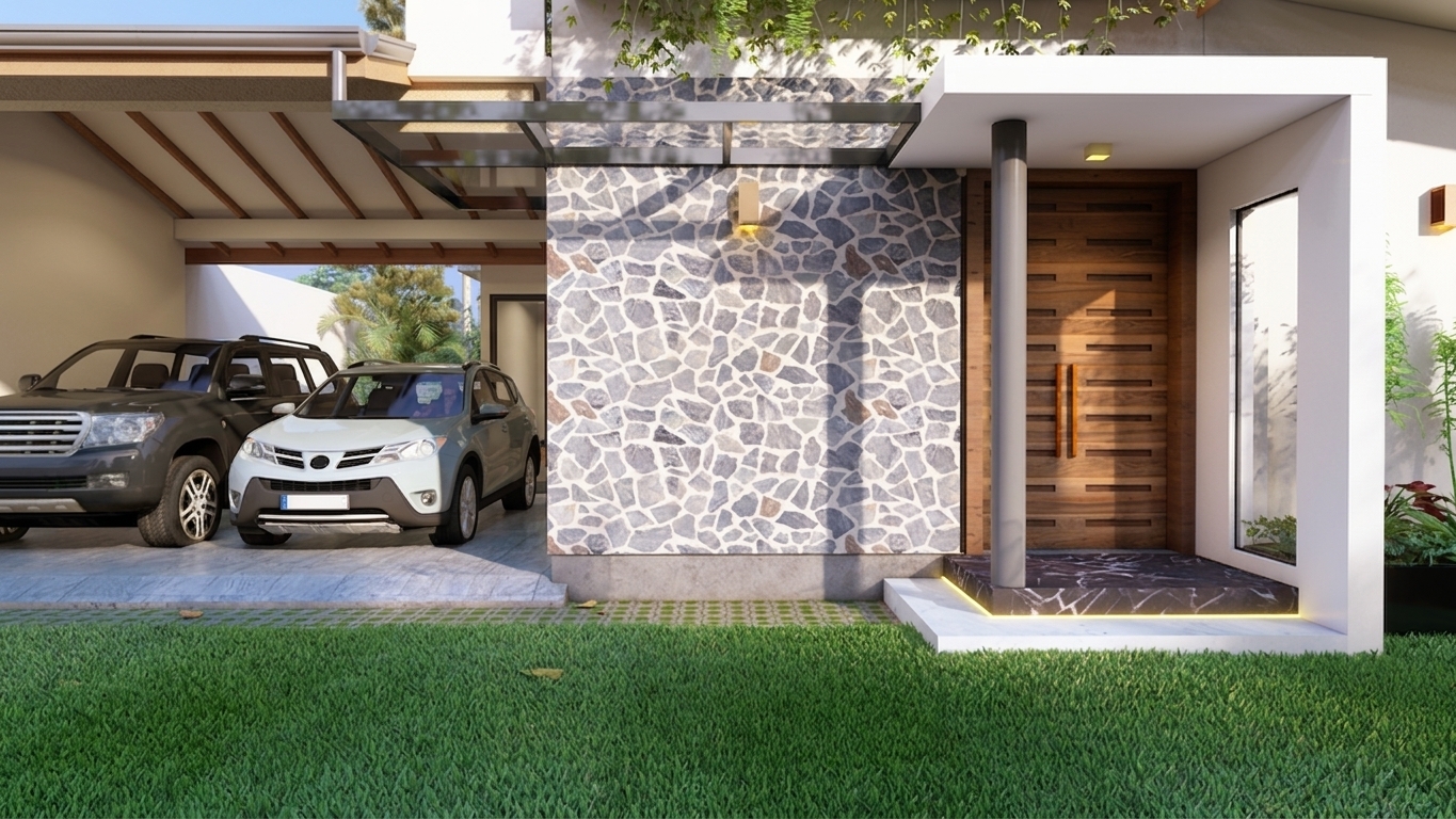 A photorealistic architectural photograph captured in bright midday spring sunlight, preserving the exact layout, geometry, and composition. Crisp, high-angle sun creates defined shadows beneath the carport and entrance canopy. The stone cladding features tactile textures and realistic mortar depth, while the modern wooden door shows authentic grain and subtle satin sheen. The dark marble porch steps, parked vehicles, and white concrete portico reflect ambient daylight naturally. The foreground lawn displays organic blade variations, captured through a sharp architectural lens with balanced natural dynamic range, subtle optical vignetting, and fine photographic sensor grain.