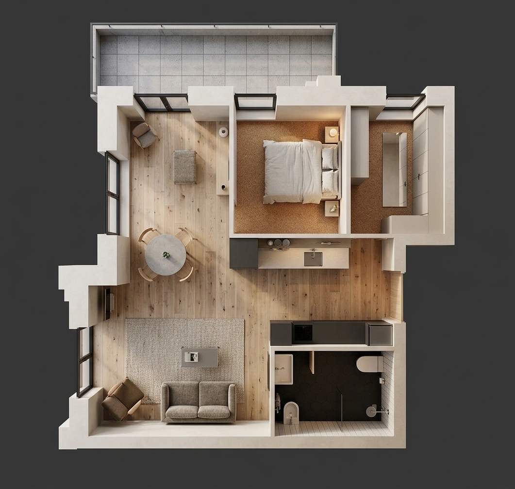 A top-down architectural photograph of a fully furnished modern apartment interior adhering precisely to the floor plan geometry, featuring a private bedroom at the bottom, a combined tiled bathroom in the lower right, a walk-in wardrobe in the upper right, and a straight non-corner kitchen along with a living area. Soft natural daylight pours through the windows alongside warm interior ambient lighting, casting subtle contact shadows across natural wood flooring, clean-finished partition walls, and textured furniture fabrics. The shot is captured directly overhead with an orthographic architectural lens, highlighting authentic surface micro-textures, balanced neutral tones, and crisp photographic clarity.