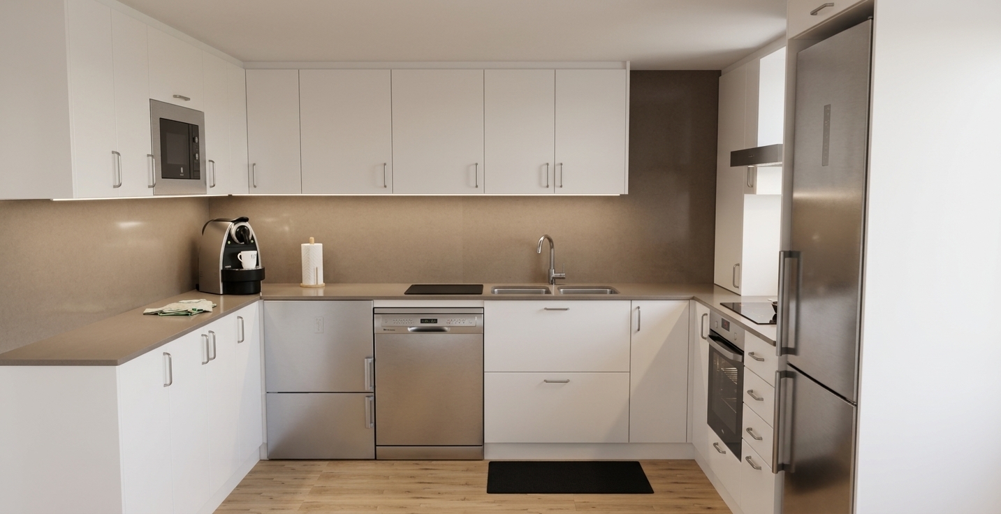 A realistic interior photograph of the modern U-shaped kitchen, faithfully preserving the exact layout, geometry, and placement of every element. The white cabinetry is rendered in a smooth satin finish with subtle panel seams and realistic brushed metallic handles. The solid taupe countertop and backsplash feature a soft matte composite texture with gentle ambient reflections. All appliances, including the stainless steel dishwasher, oven, refrigerator, microwave, and sleek faucet, exhibit authentic brushed metal grain and realistic specular highlights. The light oak plank flooring displays natural grain and subtle contact shadows. The scene is illuminated by soft, neutral daylight combined with warm under-cabinet lighting, captured straight-on with an architectural wide-angle lens with natural contrast and crisp focus throughout.