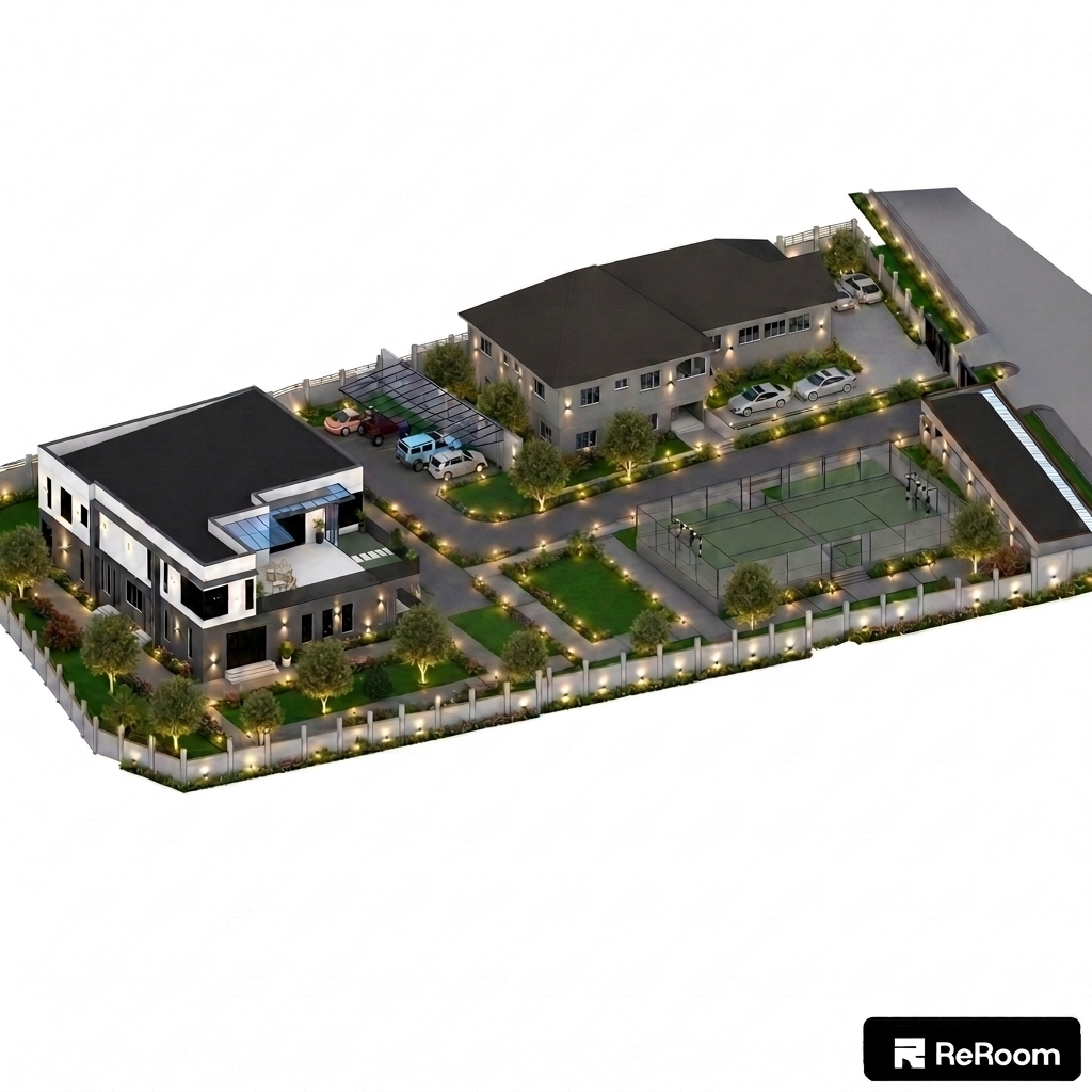 Remove the tree circled in red located along the central garden walkway, seamlessly replacing it with the continuous lawn and pavement surface. Do not alter any other part of the image, and remove the red marking.