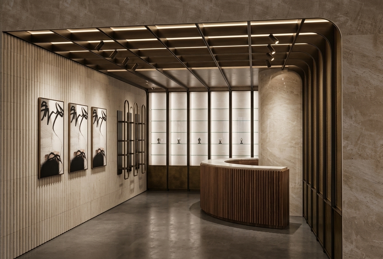 A photorealistic architectural photograph of a luxury watch store interior, captured with a wide-angle lens under warm, refined ambient lighting. The scene highlights realistic surface textures, including the fluted wood slats of the curved counter, the smooth stone finish of the cylindrical pillar, and the fine-grooved wall panels holding the framed art. The overhead metal grid and rear display shelves show subtle specular highlights and depth, while the dark floor carries faint, soft reflections, all balanced with authentic interior exposure and natural contrast while strictly maintaining the original geometry and layout.
