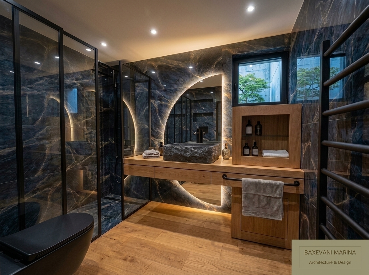 Architectural photograph of the modern bathroom preserving the exact layout, dark veined marble walls, and light wood flooring. Natural daylight from the window blends with warm 3000K recessed spotlights and the backlit circular mirror. Subtle, realistic bathroom amenities such as an amber glass soap dispenser rest naturally on the wooden countertop beside the textured stone basin. Capture authentic material physics with crisp reflections on the black-framed glass partition, deep wood grain, and tactile rough-hewn stone. Shot on a 24mm architectural lens at f/8, featuring subtle film grain, soft shadow falloff, and realistic exposure balance.