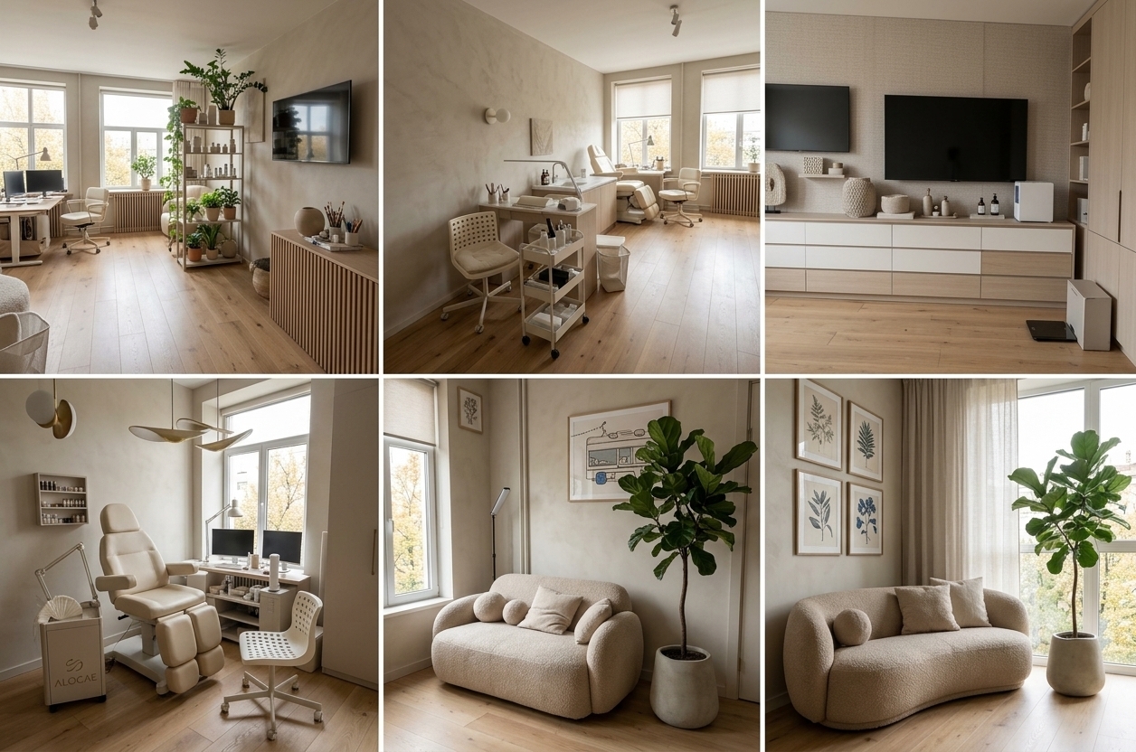 An incredibly lifelike, richly detailed, photorealistic wide-angle interior photograph of a redesigned, serene modern beauty studio workshop set in an airy urban setting. The scene is illuminated by soft midday autumn light filtering through sheer floor-to-ceiling linen curtains, creating a peaceful, cozy, and minimalist atmosphere. Captured with a full-frame DSLR and a 24mm f/2.8 lens, emphasizing smooth warm greige lime-wash walls, natural oak wood grains, and tactile bouclé textiles. 

Replacing the vibrant patterns, the refreshed space features a calming monochromatic palette of warm beige, off-white, and pale taupe. Unsightly radiators are neatly concealed behind bespoke vertical slatted wood radiator covers, seamlessly blending into the architecture. A streamlined, ergonomic beauty and manicure station boasts minimalist ivory leather treatment chairs and hidden push-to-open cabinetry, while a cozy client lounge corner features a plush curved sofa, organic ceramic decor, and a single sculptural fiddle-leaf fig, balancing professional functionality with understated, tranquil elegance.