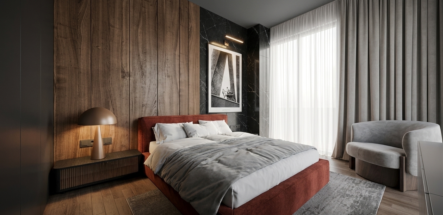 A professional architectural photograph capturing the exact layout and perspective of the modern luxury bedroom with natural daytime lighting. Soft, diffused daylight filters through the sheer floor-to-ceiling curtains, complemented by warm subtle illumination from the mushroom bedside lamp and picture light above the framed artwork. The scene showcases authentic textures: rich vertical grain walnut wood paneling, polished dark marble with fine veining, and a rust-red velvet upholstered bed dressed in softly wrinkled white cotton linens. Captured with a wide-angle interior lens, featuring sharp depth of field, realistic specular highlights, delicate ambient occlusion shadows, and tactile fabric surfaces across the curved armchair and low-pile rug over matte hardwood flooring.