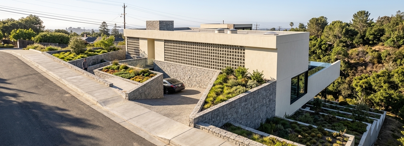 An architectural photograph captured with a sharp wide-angle lens under bright, natural daylight, rendering the modern hillside residence with clean white stucco masonry, crisp patterned breeze block screens, and rugged grey stone retaining walls. The geometric green terrace segments feature manicured grass and contemporary landscaping, while the slope on the far right is blanketed in dense, untouched native forest following the raw natural hillside terrain. Authentic asphalt and concrete textures ground the street and driveway, enriched by clear skylight, directional sun casting sharp geometric shadows, authentic glass reflections, and subtle photographic grain, fully maintaining the original structure, geometry, and camera perspective.