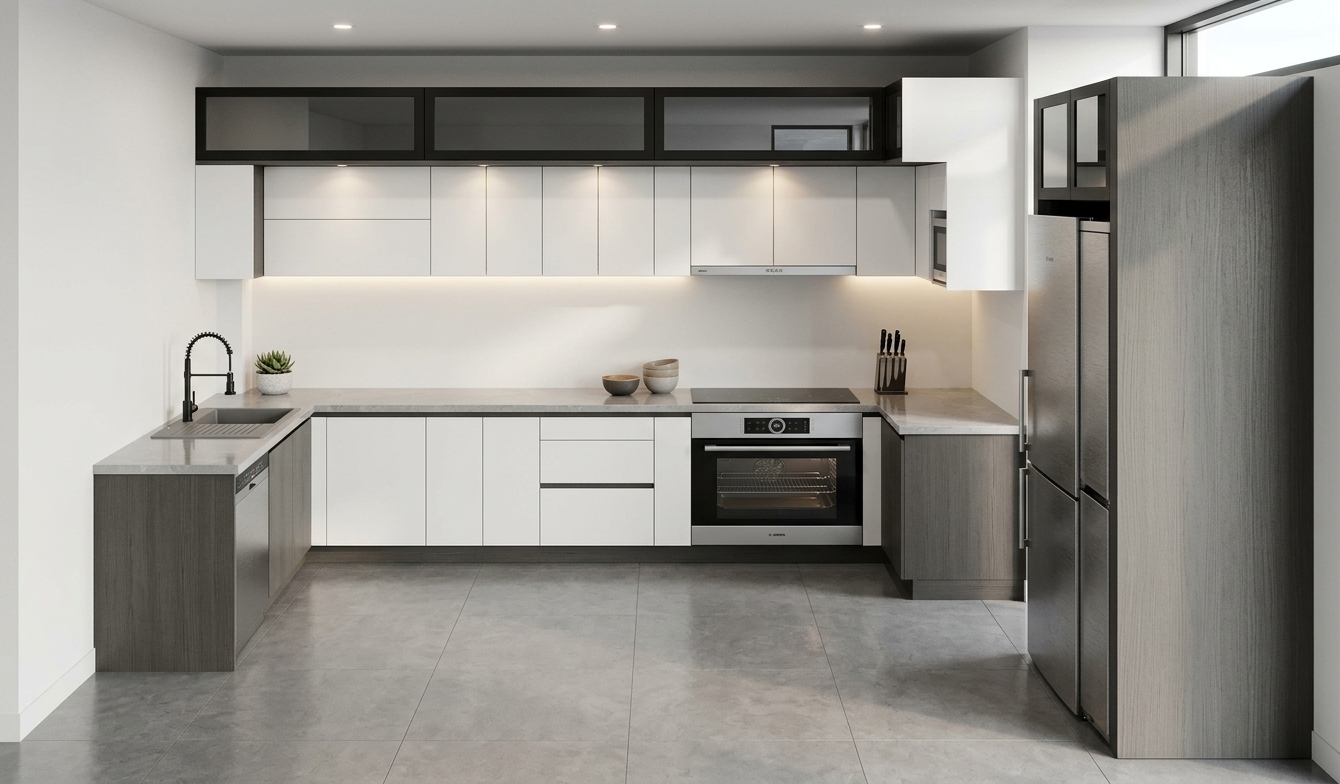 A crisp architectural photograph preserving the exact kitchen layout, rendered with realistic materials and balanced lighting. The cabinetry features smooth matte white and deep charcoal finishes, complemented by clean quartz countertops with subtle edge highlights. The built-in oven, sink faucet, and tall refrigerator display authentic brushed stainless steel textures and tinted glass reflections. Soft natural daylight blends with warm under-cabinet LED task illumination, casting gentle contact shadows and realistic ambient occlusion across the smooth matte floor. Captured with a professional wide-angle tilt-shift lens, exhibiting sharp focal depth, natural surface micro-textures, and clean photographic fidelity.