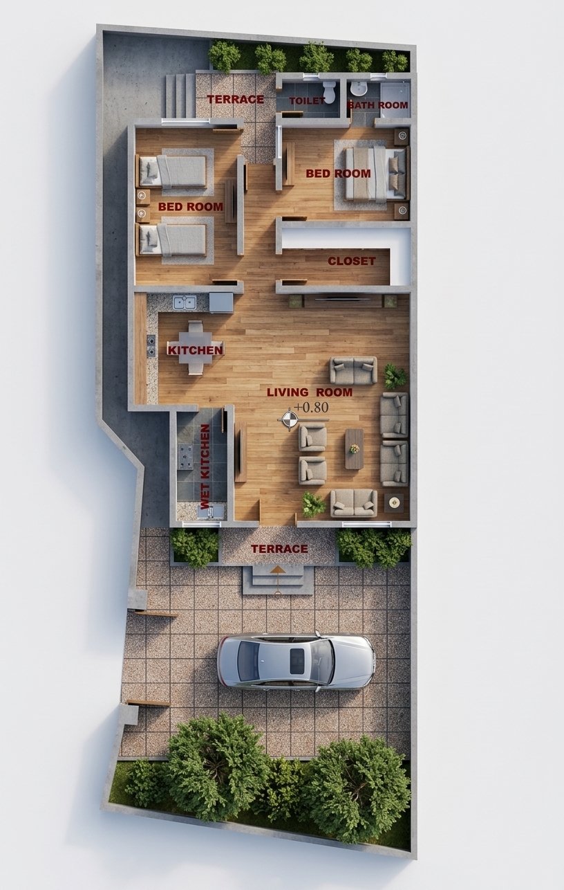 High-angle direct top-down architectural photograph of the complete floor plan, rendered with realistic depth, cutaway walls, and true-to-life materials while maintaining the exact structural layout and furniture placement. The interior features natural warm hardwood in the bedrooms, matte tile flooring across the living room and kitchen, finely woven upholstery, and realistic bathroom fixtures. Potted plants and outdoor shrubs display lifelike green foliage, while the driveway showcases a detailed car on clean concrete paving. Soft overhead daylight creates realistic ambient occlusion, subtle drop shadows along the partition walls, accurate surface micro-textures, and crisp photorealistic clarity throughout.
