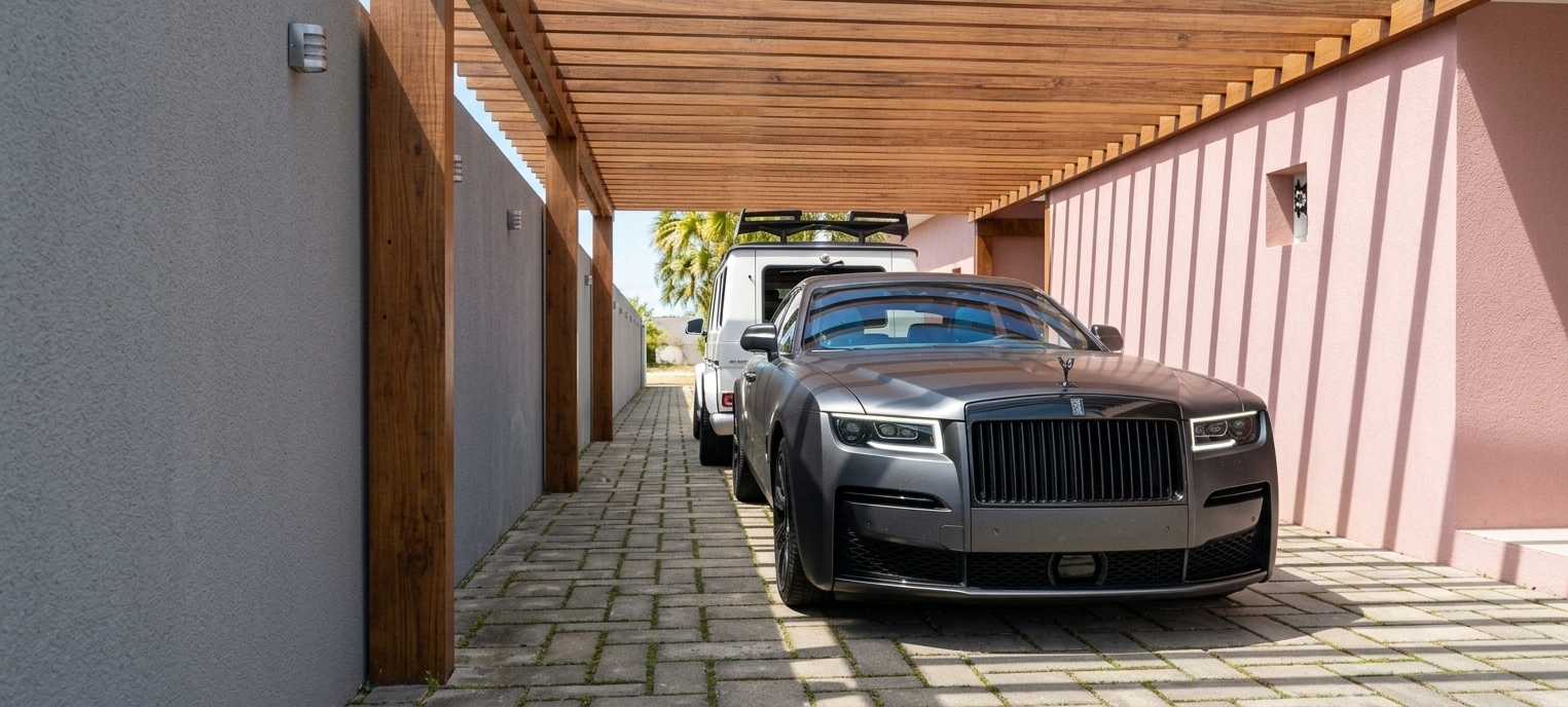 Capture this scene as a photorealistic photograph on a bright, sunny day with soft natural daylight filtering through the slatted wooden pergola, casting subtle linear shadows across the scene. The foreground matte dark grey luxury sedan features a realistic satin finish with faint ambient reflections, detailed headlamps, and visible bright blue leather interior upholstery through clear tinted glass. The white off-road vehicle parked behind displays an authentic glossy automotive paint. Render the wooden pergola posts and overhead slats with natural timber grain, the perimeter walls with fine stucco texture, and the driveway as realistic interlocking stone pavers with subtle grass in the joints. Shot with a sharp wide-angle lens, balanced daylight color temperature, clean dynamic range, gentle depth of field, and subtle photographic grain.