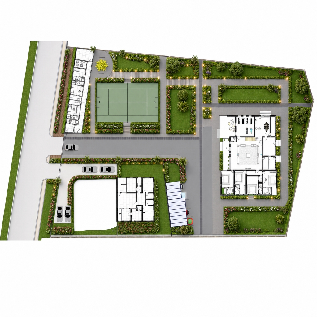 i need a 4k photorealistic view of this image, do a proper arrangement of flowers and shrubs along the path of the drive-in road on the green areas with small palm trees. put flowers and shrubs on other parts of the green areas as see on the image. put trees at strategic places of the green areas. do not put any trees or flowers or shrubs on the football pitch. place garden lights and shrubs along the walkways. let the buildings in the image remain the way they are. 
do not change the view. 
do not change any other thing.!!!!